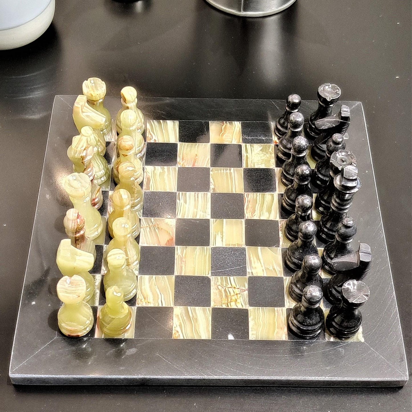 Handmade Marble Chess Set: Black & Onyx 8x8 inch Board, Velvet Case - GOFIRE OUTLET