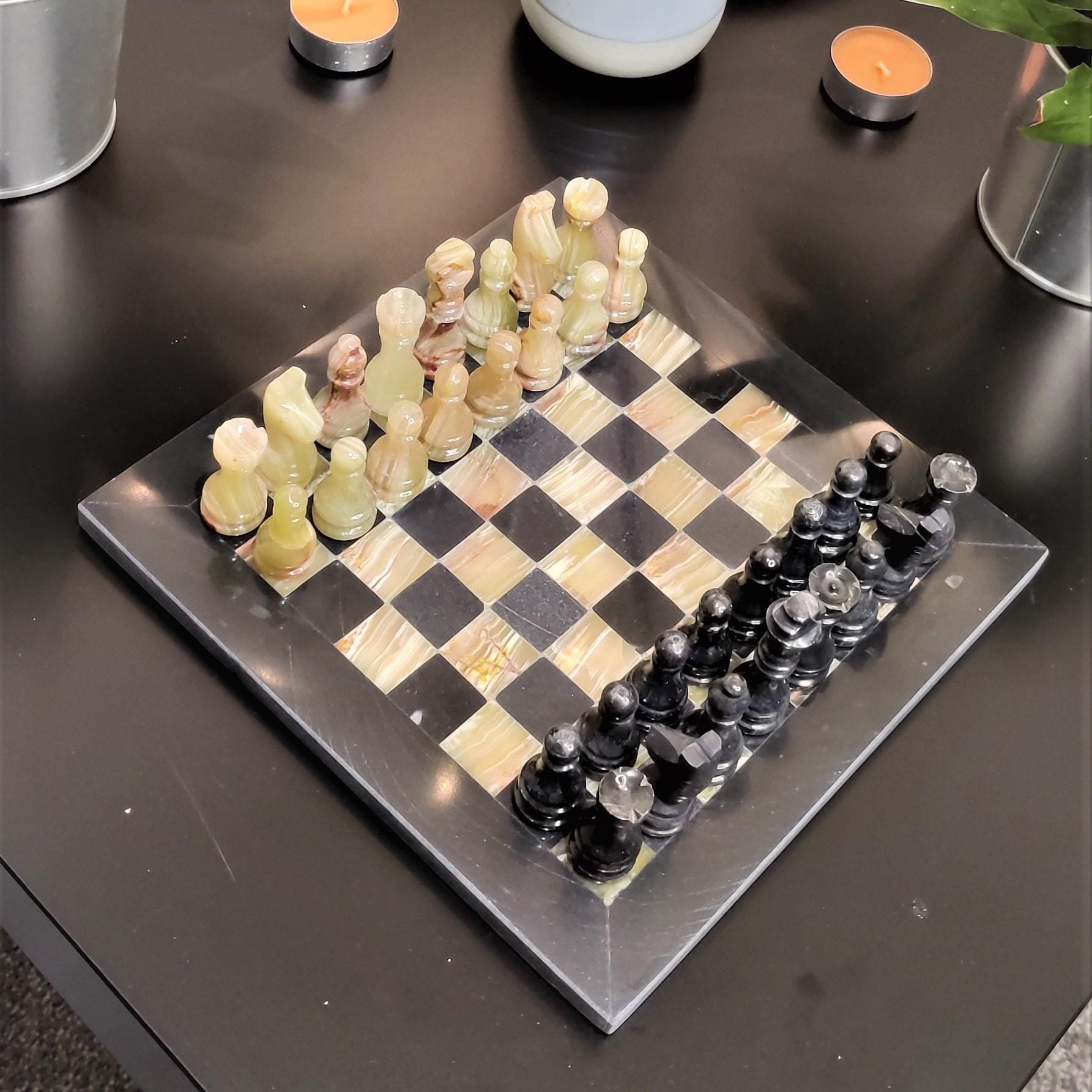 Handmade Marble Chess Set: Black & Onyx 8x8 inch Board, Velvet Case - GOFIRE OUTLET