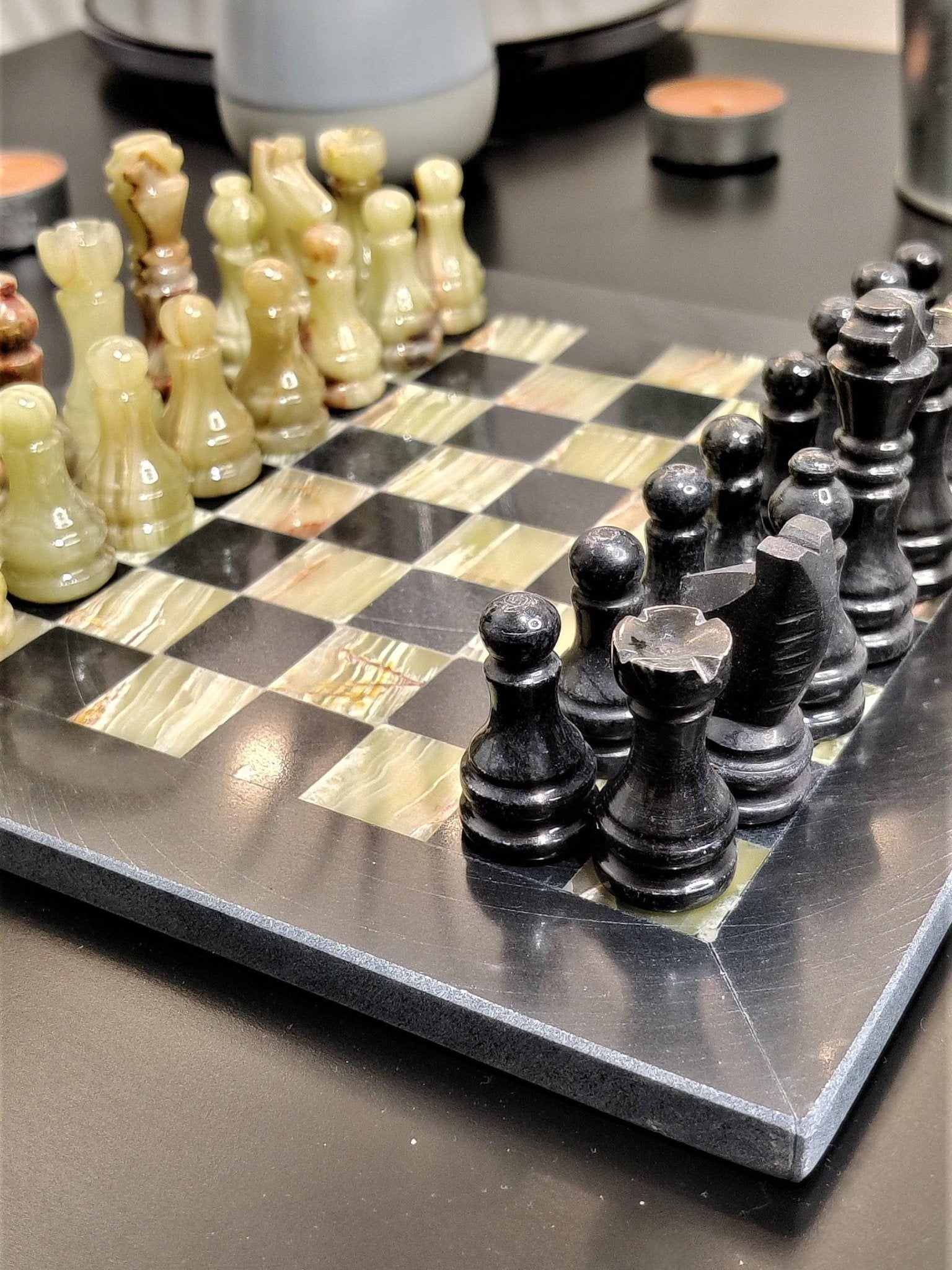 Handmade Marble Chess Set: Black & Onyx 8x8 inch Board, Velvet Case - GOFIRE OUTLET