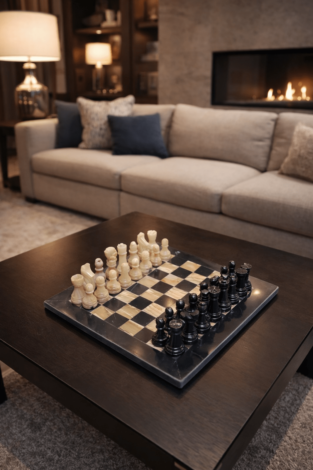 Handmade Marble Chess Set: Black & Onyx 8x8 inch Board, Velvet Case - GOFIRE OUTLET