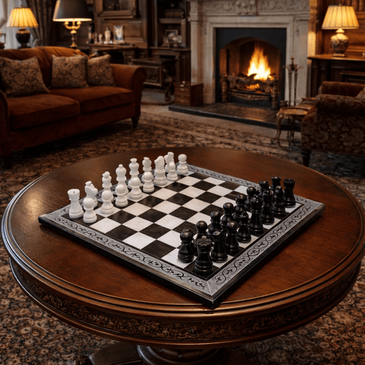 Handmade Marble Chess Set: Black & White 12x12 inches Carved Border Design - GOFIRE OUTLET