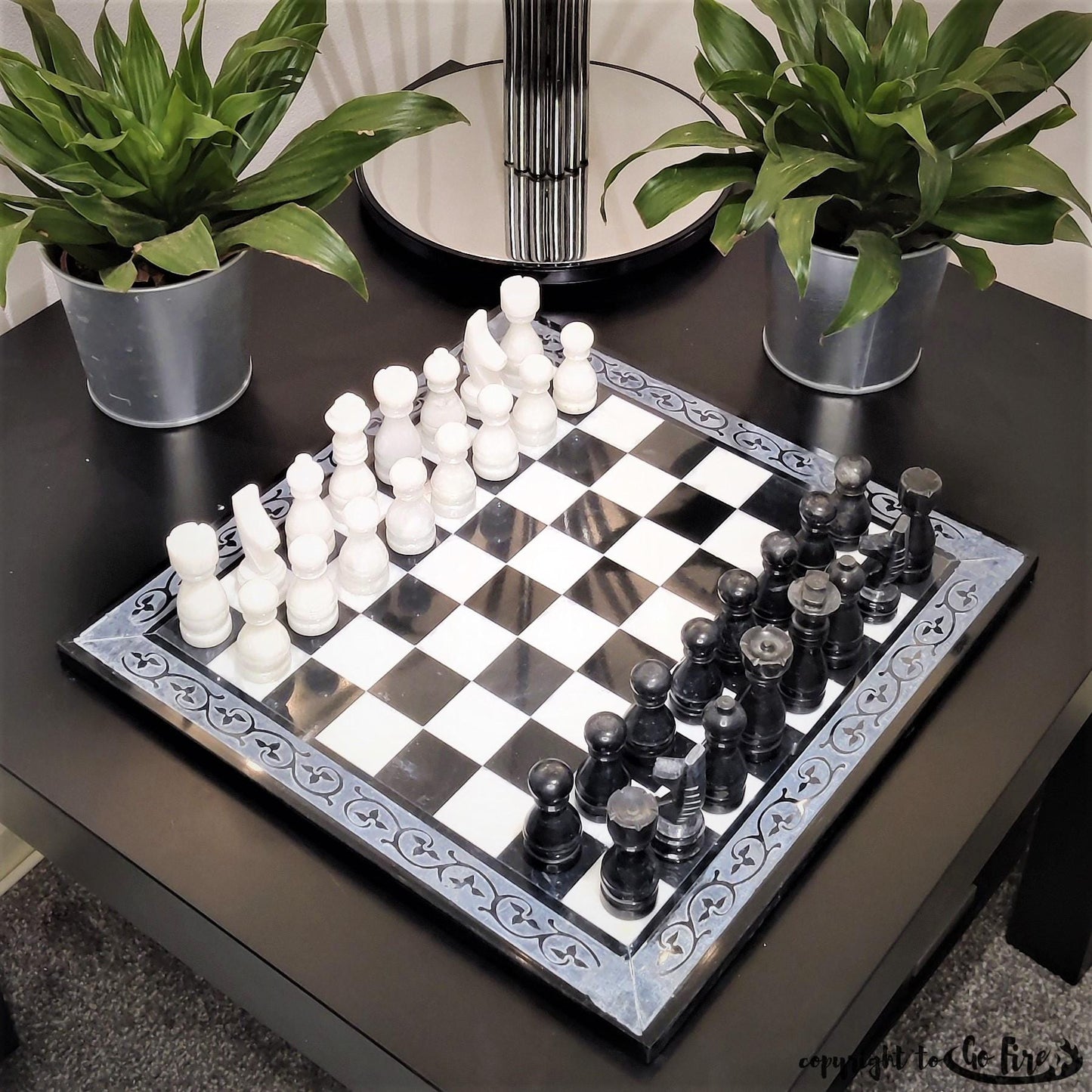 Handmade Marble Chess Set: Black & White 12x12 inches Carved Border Design - GOFIRE OUTLET