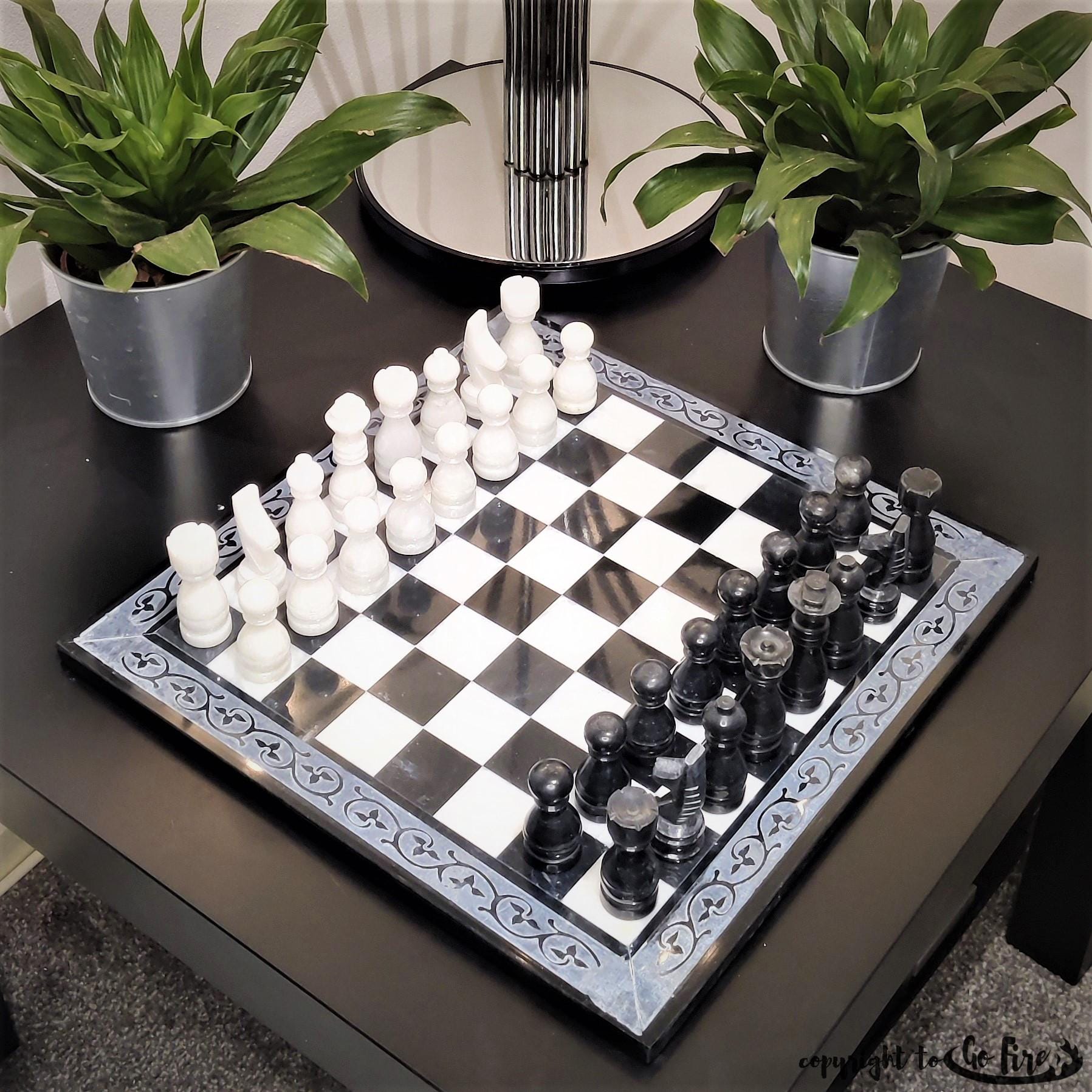 Handmade Marble Chess Set: Black & White 12x12 inches Carved Border Design - GOFIRE OUTLET