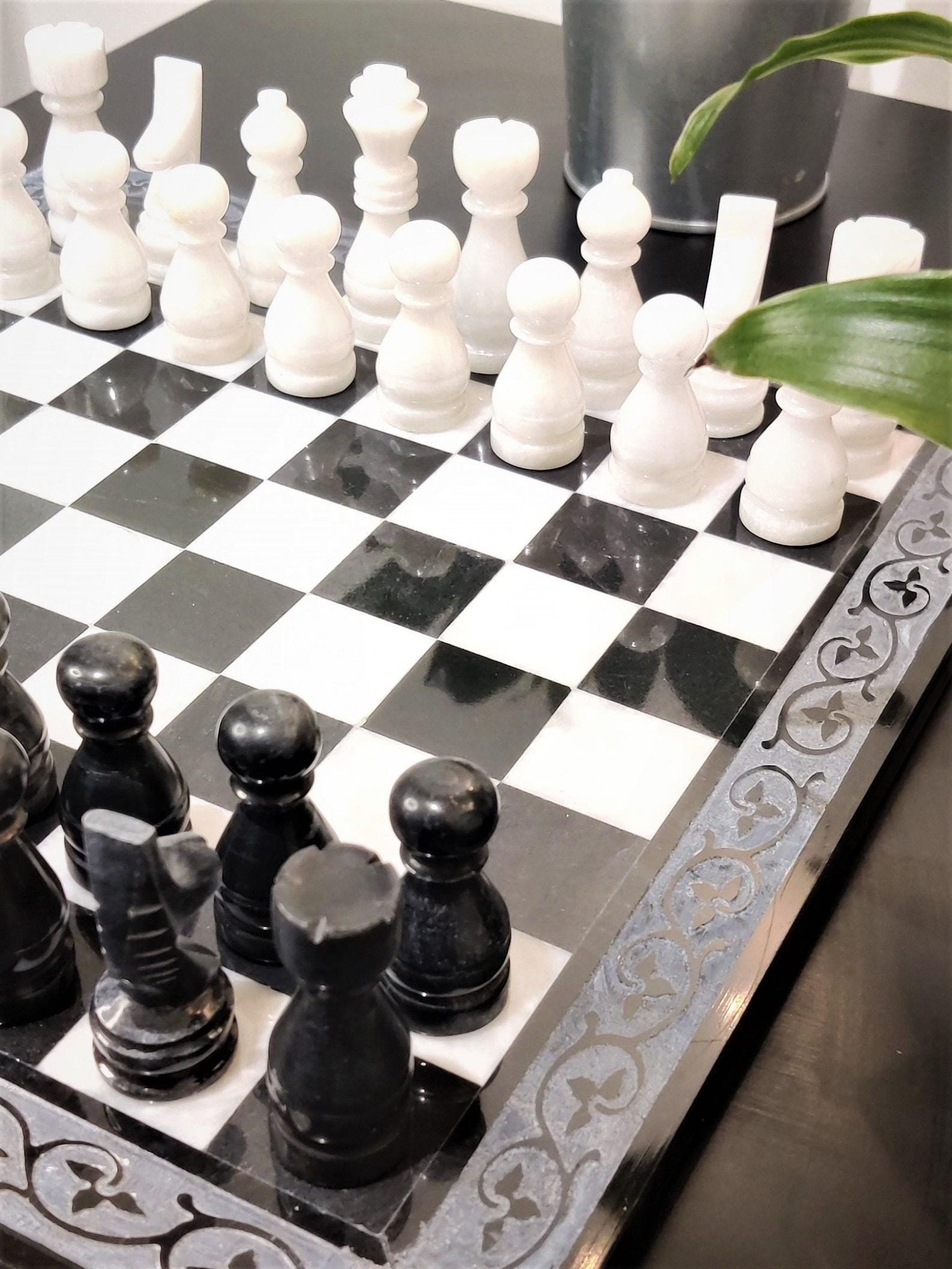 Handmade Marble Chess Set: Black & White 12x12 inches Carved Border Design - GOFIRE OUTLET