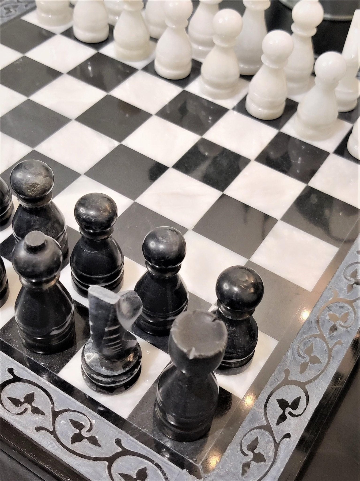 Handmade Marble Chess Set: Black & White 12x12 inches Carved Border Design - GOFIRE OUTLET