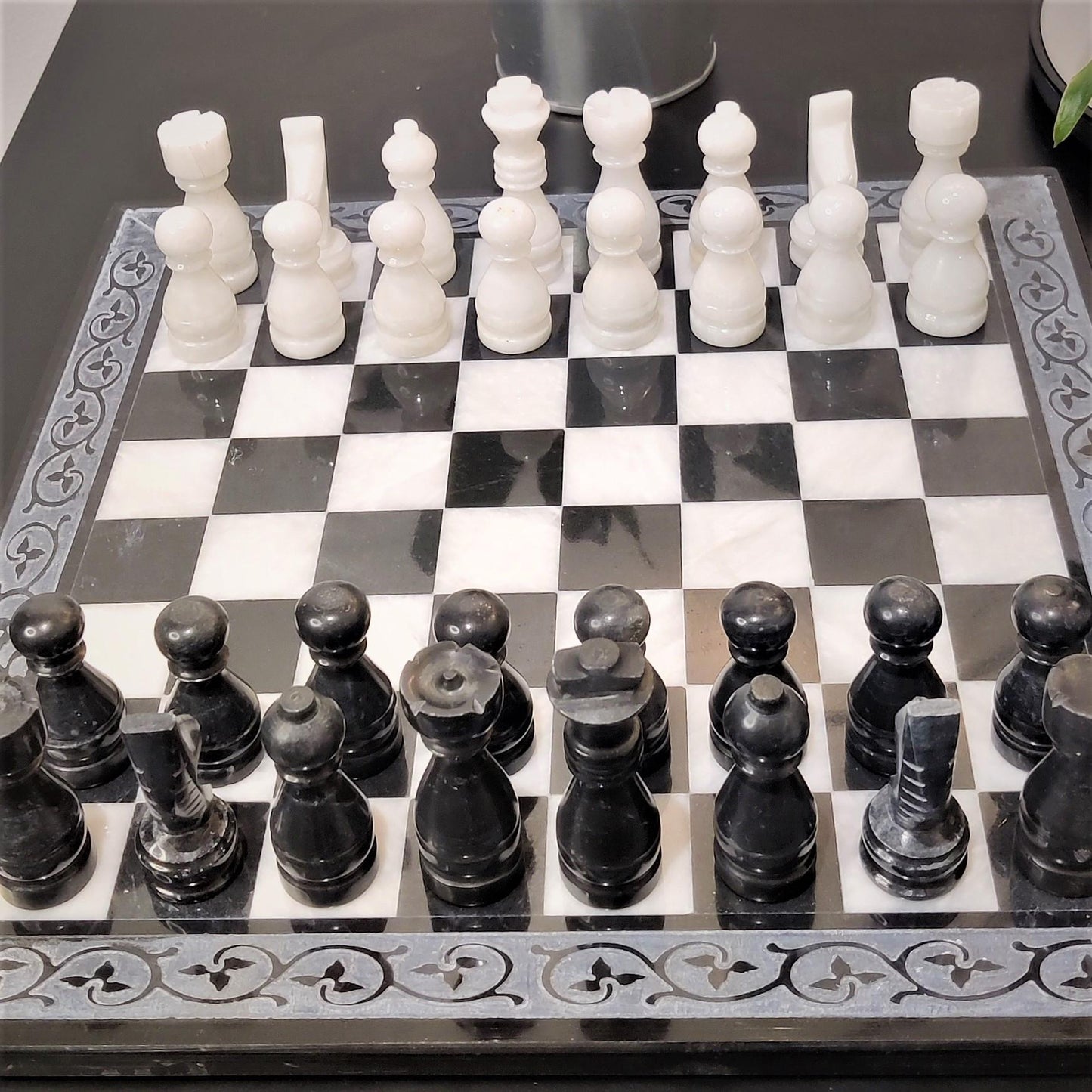 Handmade Marble Chess Set: Black & White 12x12 inches Carved Border Design - GOFIRE OUTLET