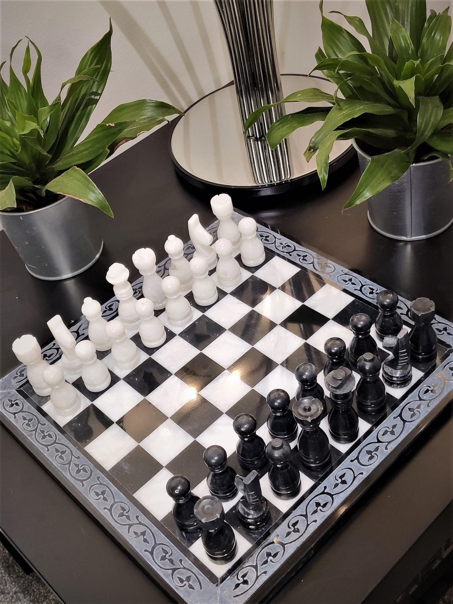 Handmade Marble Chess Set: Black & White 12x12 inches Carved Border Design - GOFIRE OUTLET