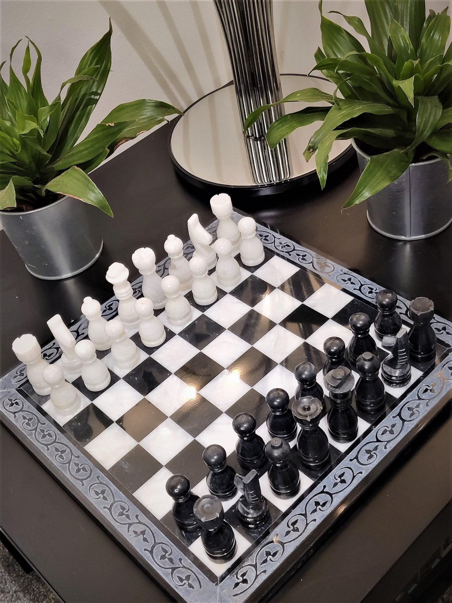 Handmade Marble Chess Set: Black & White 12x12 inches Carved Border Design - GOFIRE OUTLET