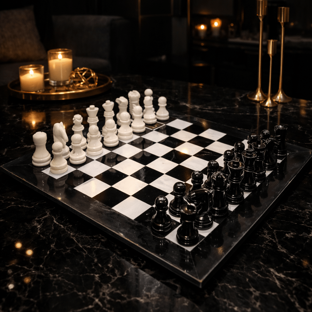 Handmade Marble Chess Set: Black & White 12x12 inches Stone Board, Home Decor - GOFIRE OUTLET