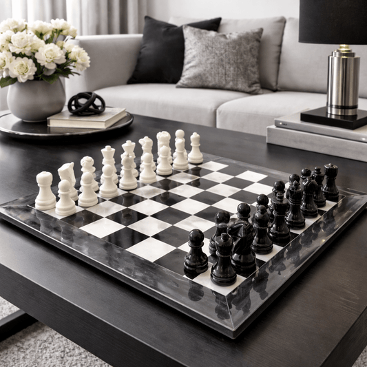 Handmade Marble Chess Set: Black & White 12x12 inches Stone Board, Home Decor - GOFIRE OUTLET