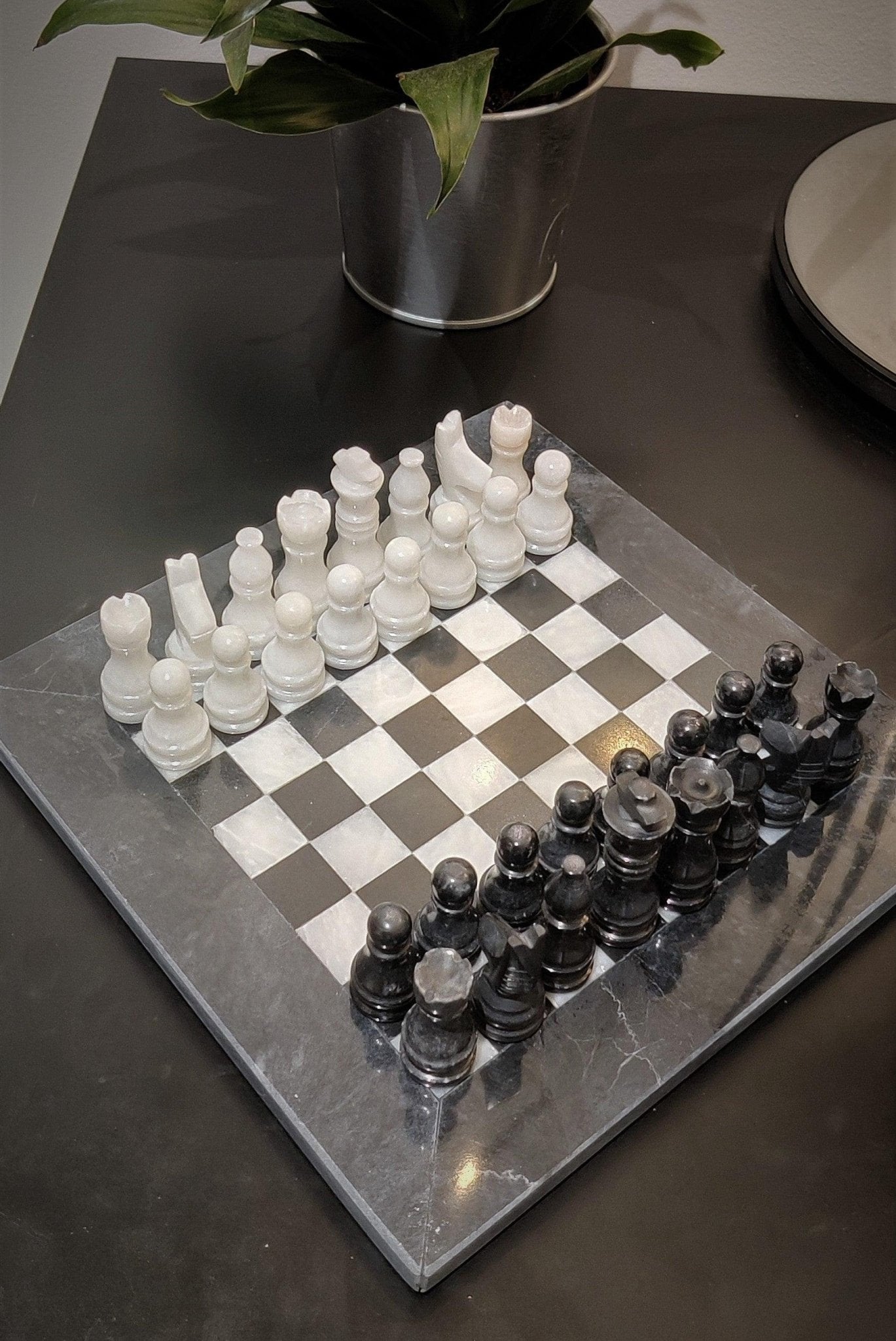 Handmade Marble Chess Set: Black & White Stone Board, Velvet Case (8x8 inch) - GOFIRE OUTLET