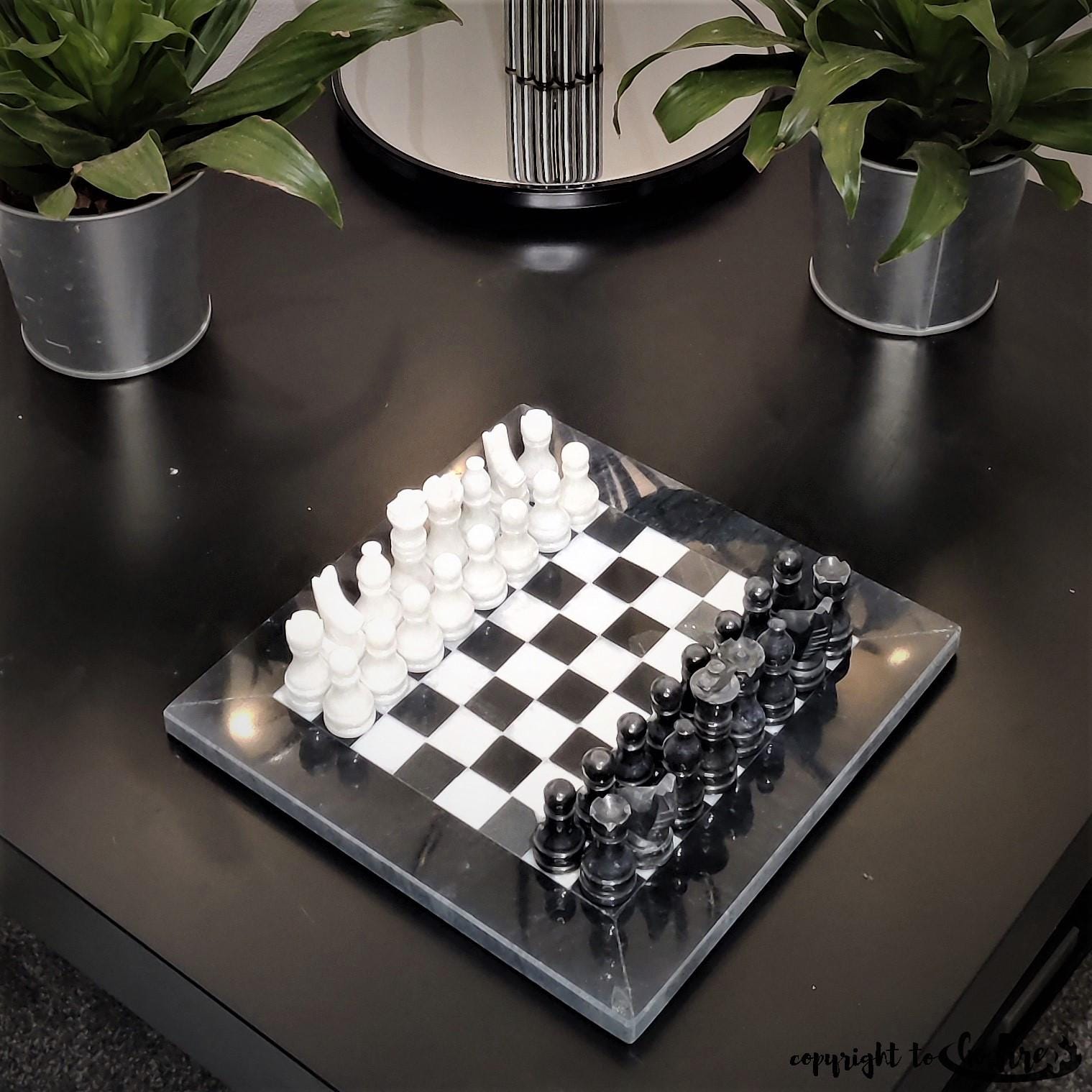 Handmade Marble Chess Set: Black & White Stone Board, Velvet Case (8x8 inch) - GOFIRE OUTLET