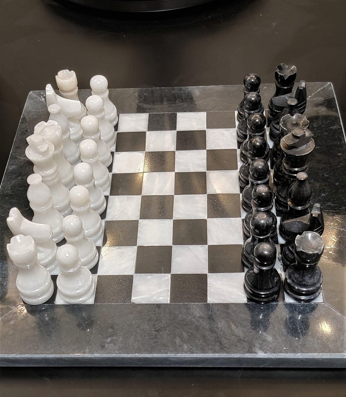 Handmade Marble Chess Set: Black & White Stone Board, Velvet Case (8x8 inch) - GOFIRE OUTLET
