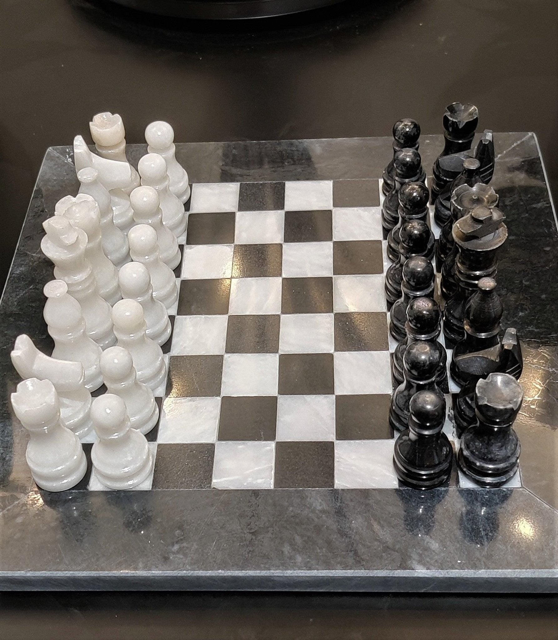 Handmade Marble Chess Set: Black & White Stone Board, Velvet Case (8x8 inch) - GOFIRE OUTLET