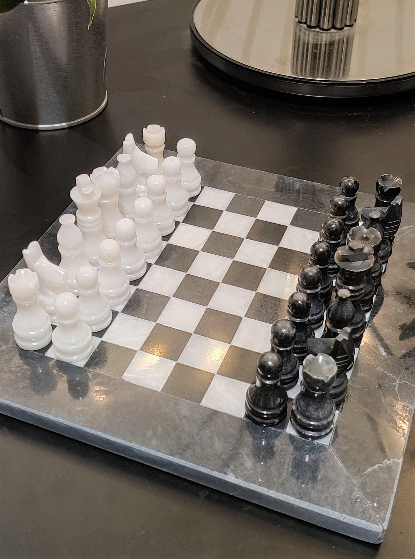 Handmade Marble Chess Set: Black & White Stone Board, Velvet Case (8x8 inch) - GOFIRE OUTLET
