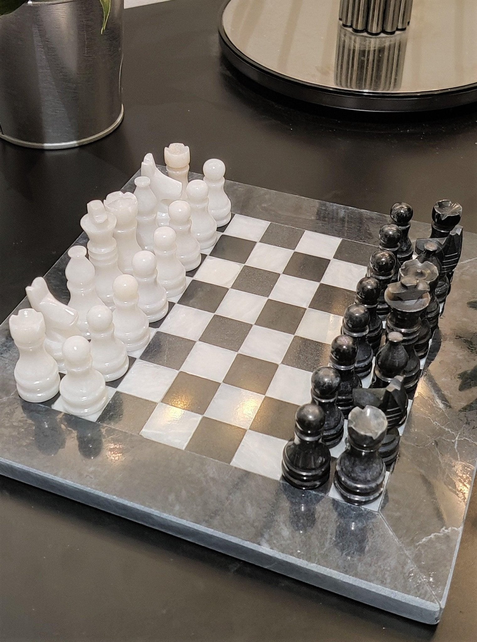 Handmade Marble Chess Set: Black & White Stone Board, Velvet Case (8x8 inch) - GOFIRE OUTLET