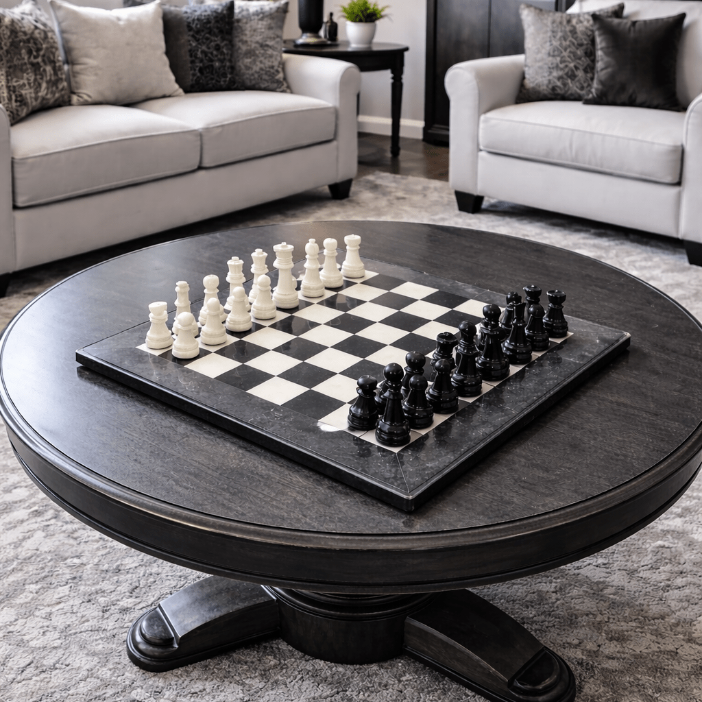 Handmade Marble Chess Set: Black & White Stone Board, Velvet Case (8x8 inch) - GOFIRE OUTLET
