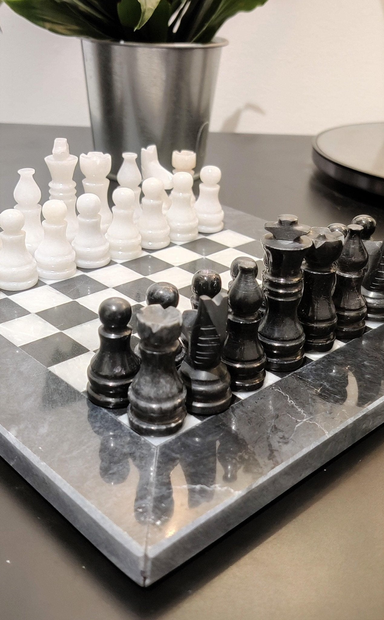 Handmade Marble Chess Set: Black & White Stone Board, Velvet Case (8x8 inch) - GOFIRE OUTLET