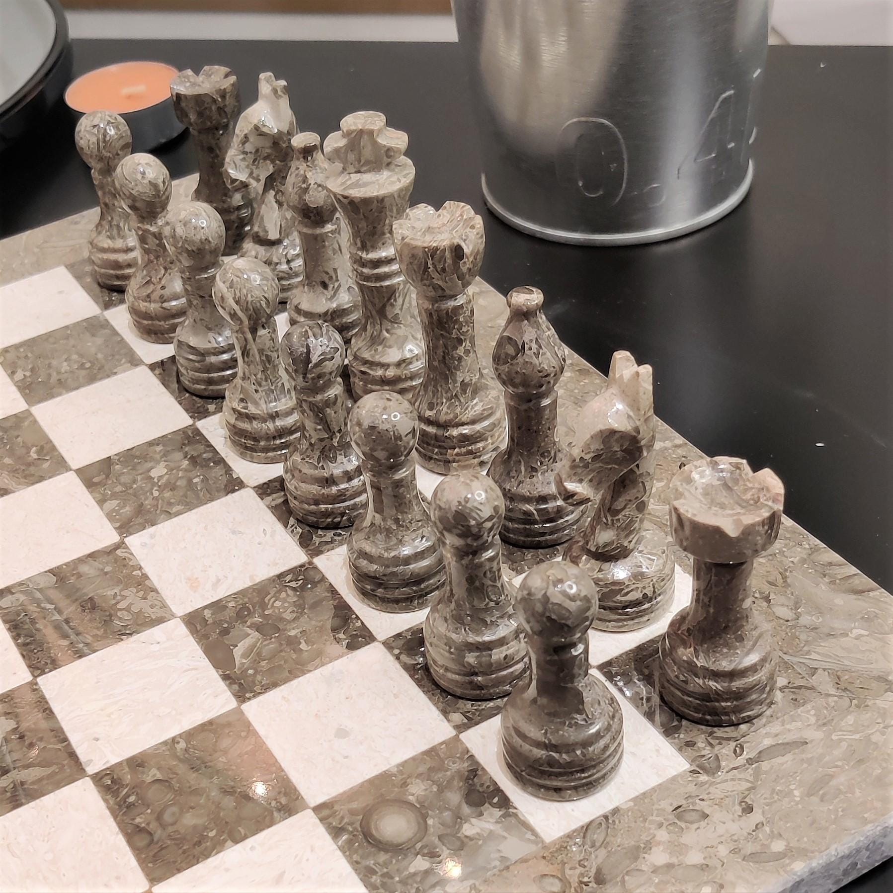 Handmade Marble Chess Set: Grey and Beige Stone Board 12x12 inches & Pieces, Black Velvet Box - GOFIRE OUTLET