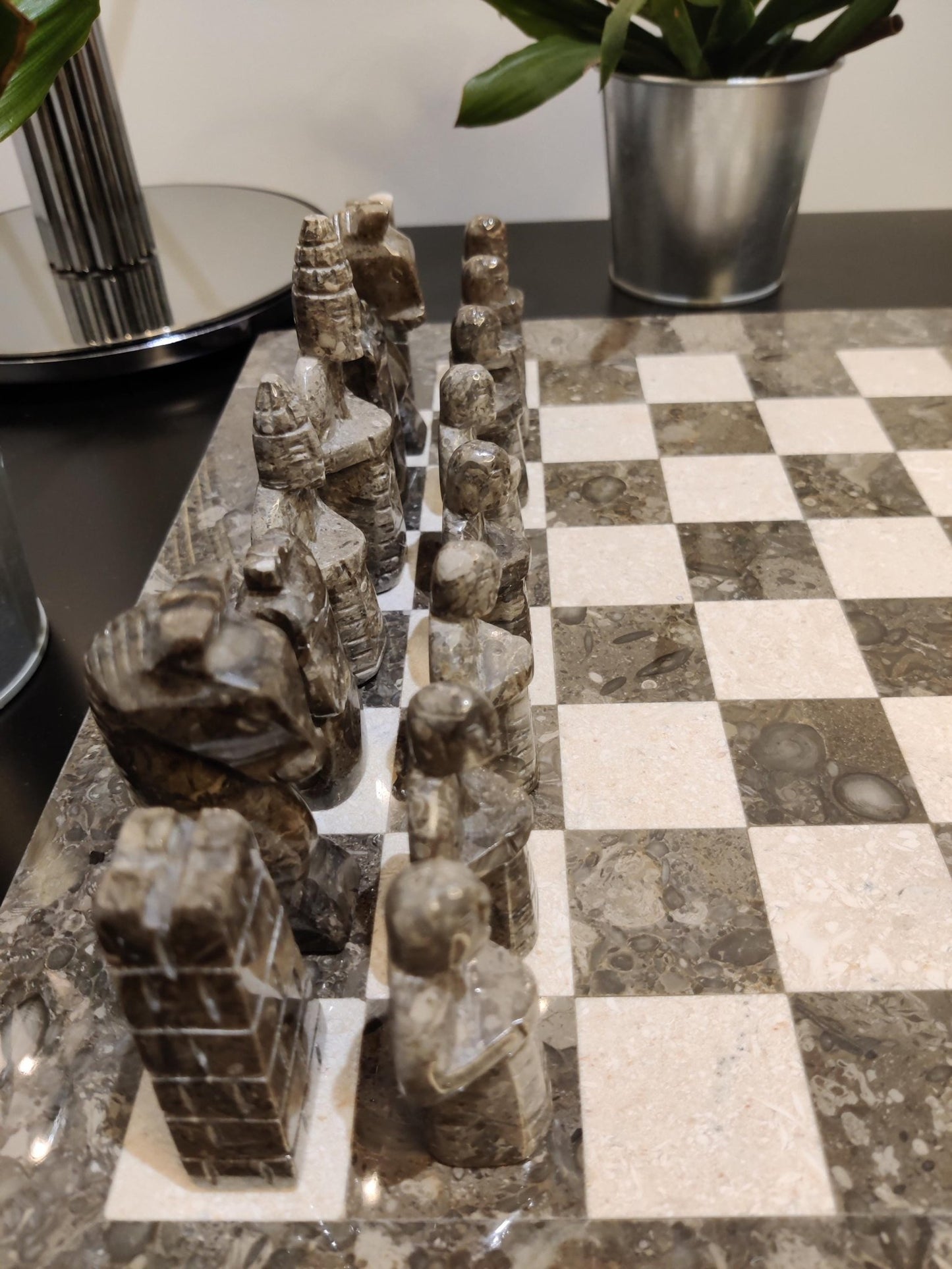Handmade Marble Chess Set: Grey & Beige Stone Board, Velvet Case, 15x15 Inch - GOFIRE OUTLET