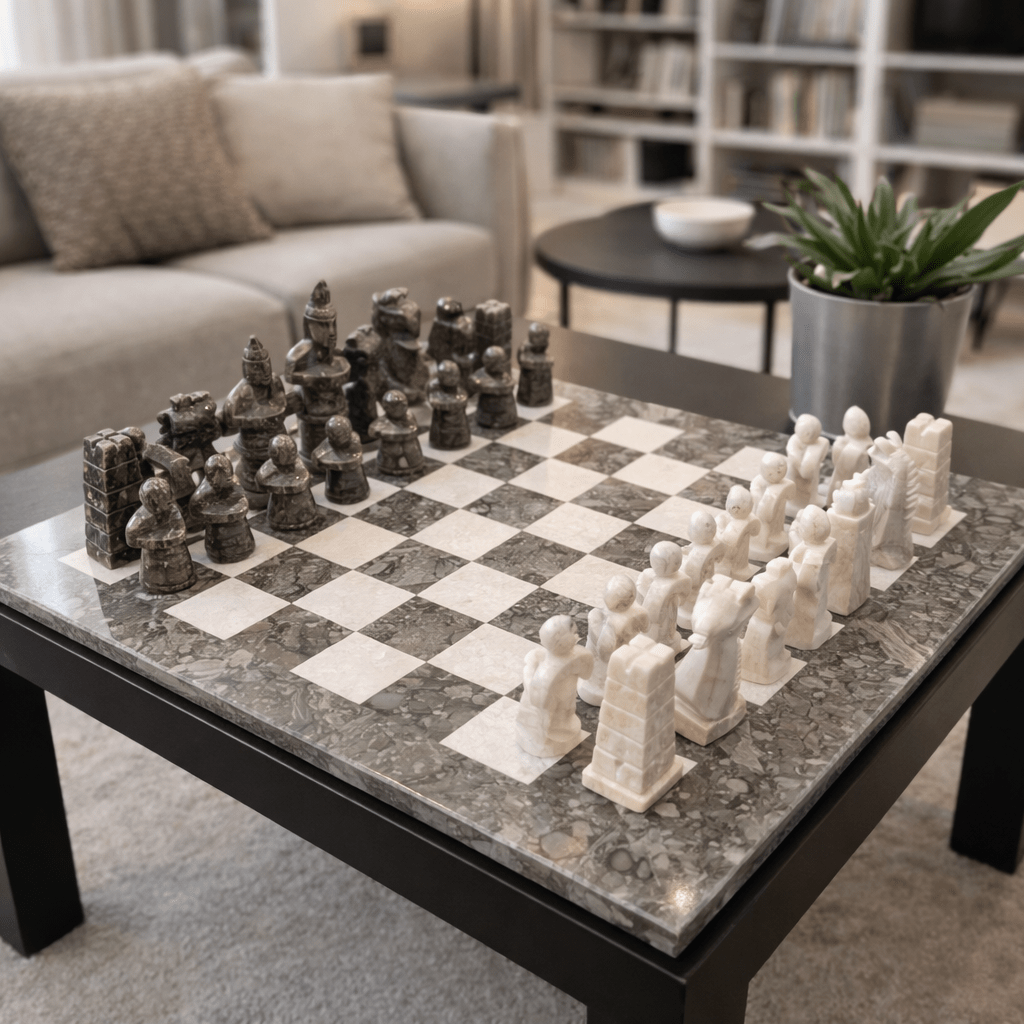 Handmade Marble Chess Set: Grey & Beige Stone Board, Velvet Case, 15x15 Inch - GOFIRE OUTLET