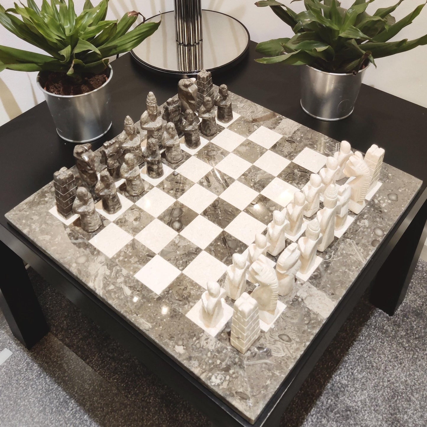 Handmade Marble Chess Set: Grey & Beige Stone Board, Velvet Case, 15x15 Inch - GOFIRE OUTLET