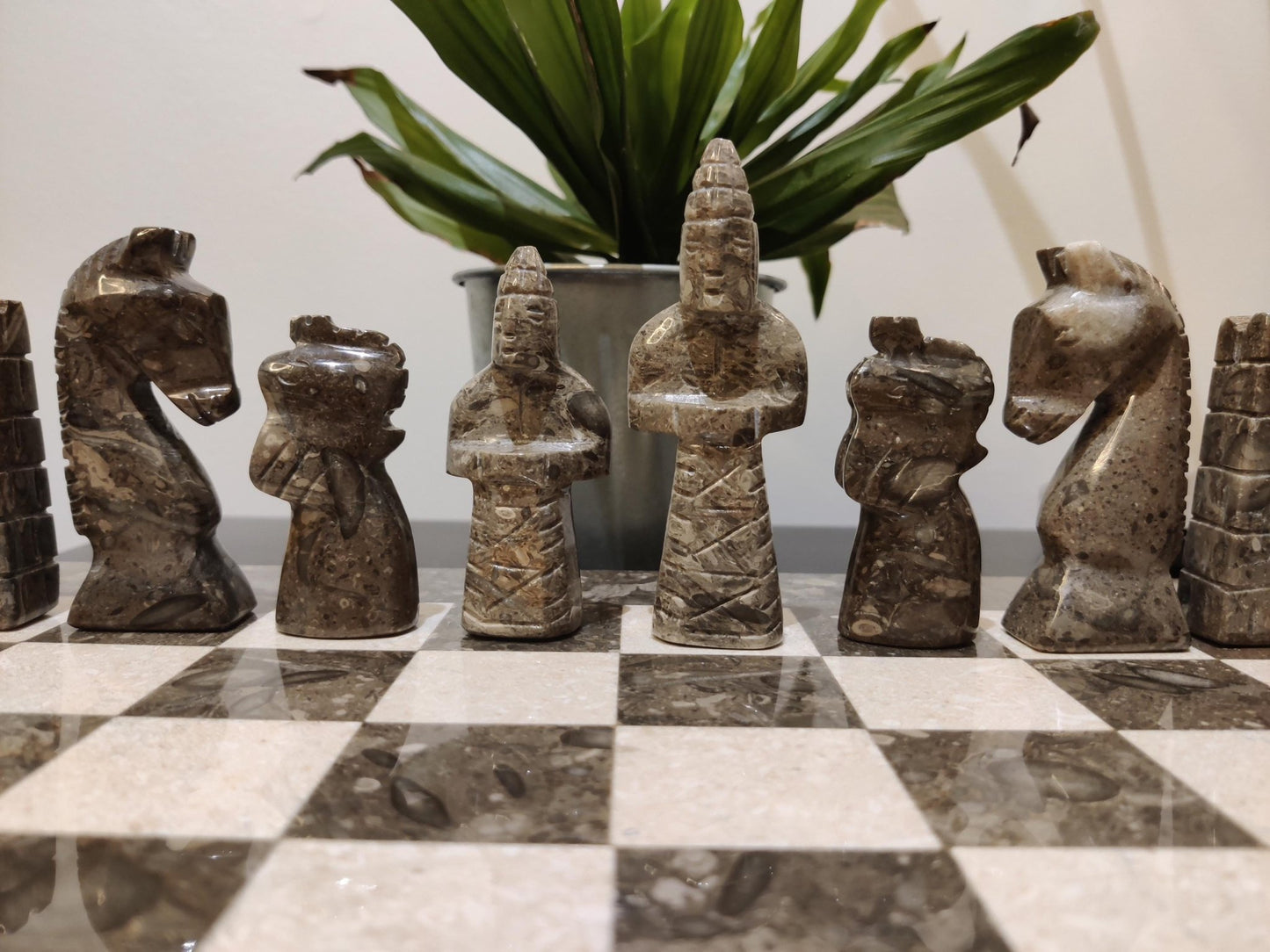 Handmade Marble Chess Set: Grey & Beige Stone Board, Velvet Case, 15x15 Inch - GOFIRE OUTLET