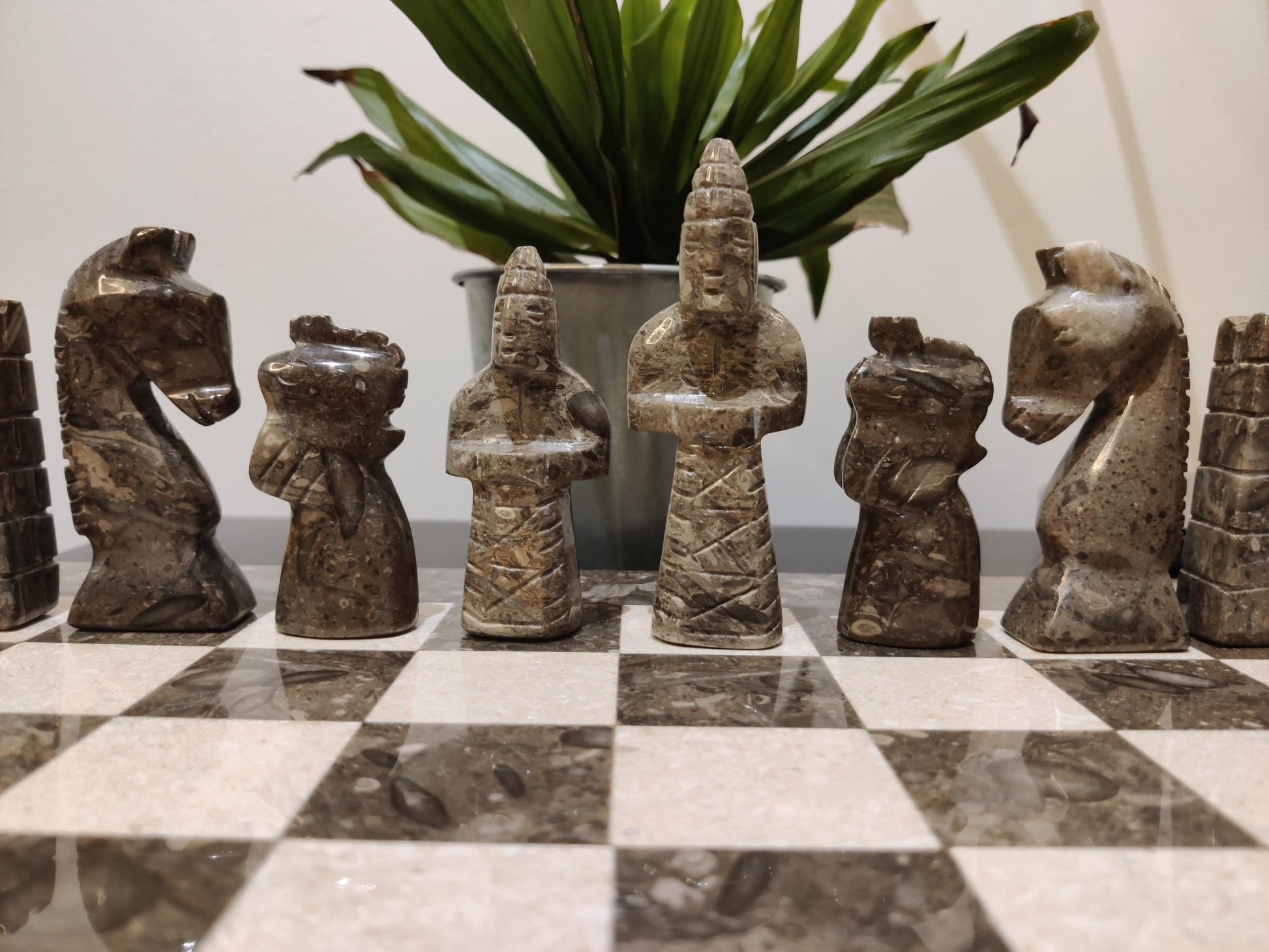 Handmade Marble Chess Set: Grey & Beige Stone Board, Velvet Case, 15x15 Inch - GOFIRE OUTLET