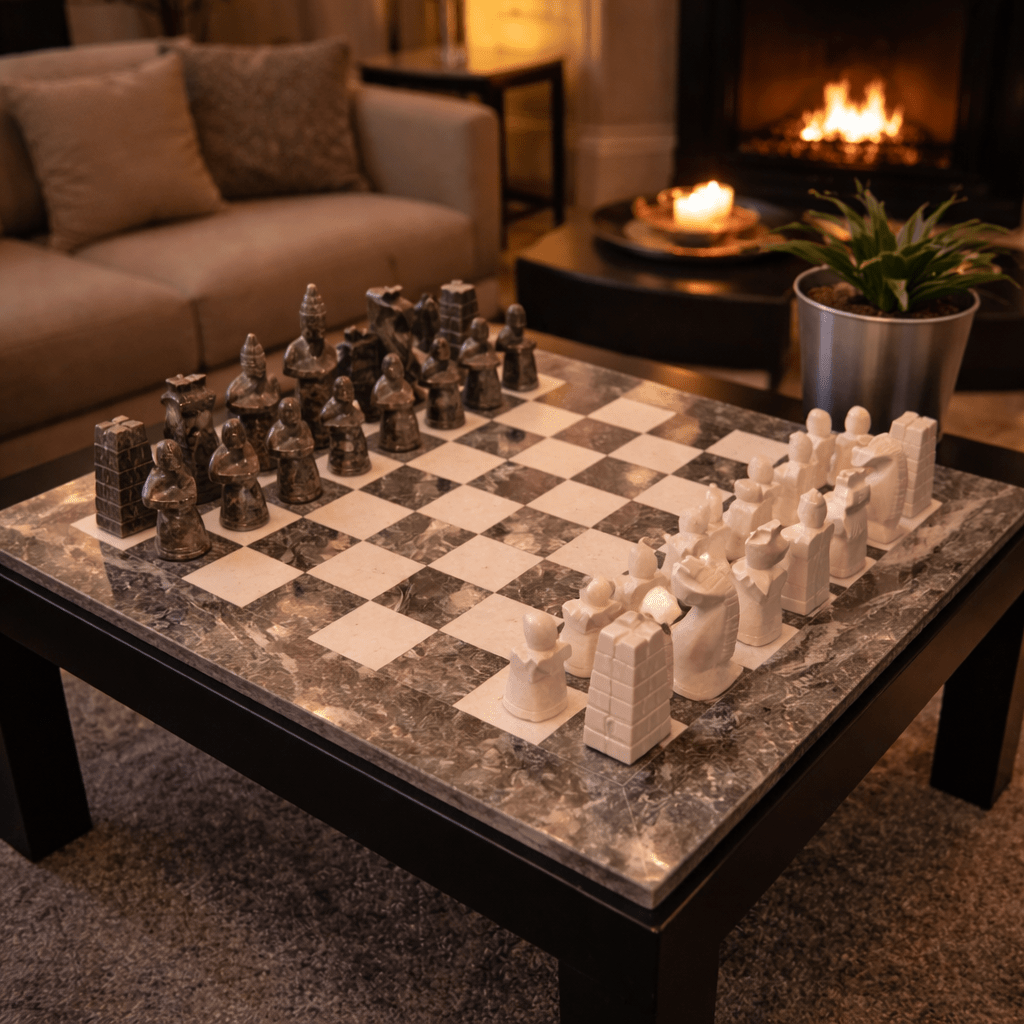 Handmade Marble Chess Set: Grey & Beige Stone Board, Velvet Case, 15x15 Inch - GOFIRE OUTLET