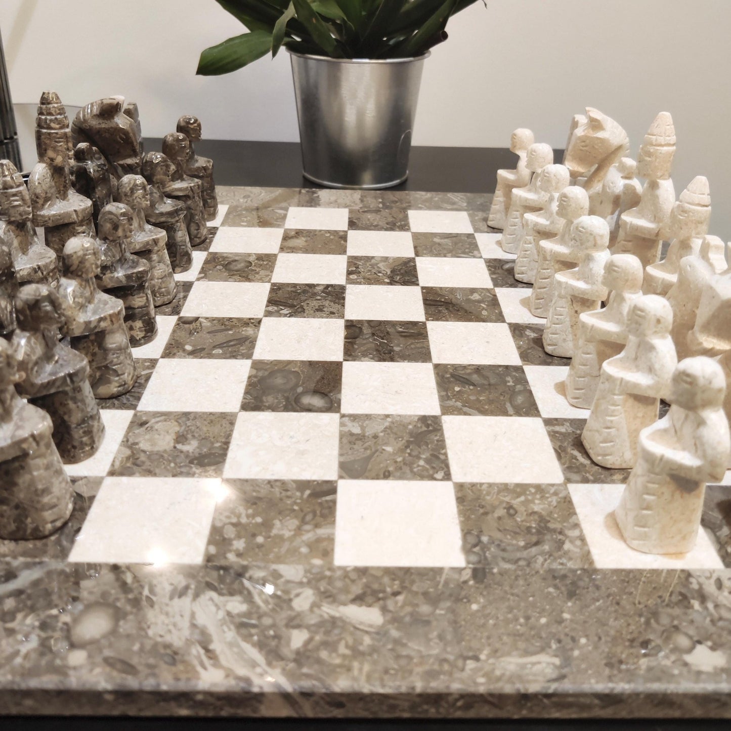 Handmade Marble Chess Set: Grey & Beige Stone Board, Velvet Case, 15x15 Inch - GOFIRE OUTLET