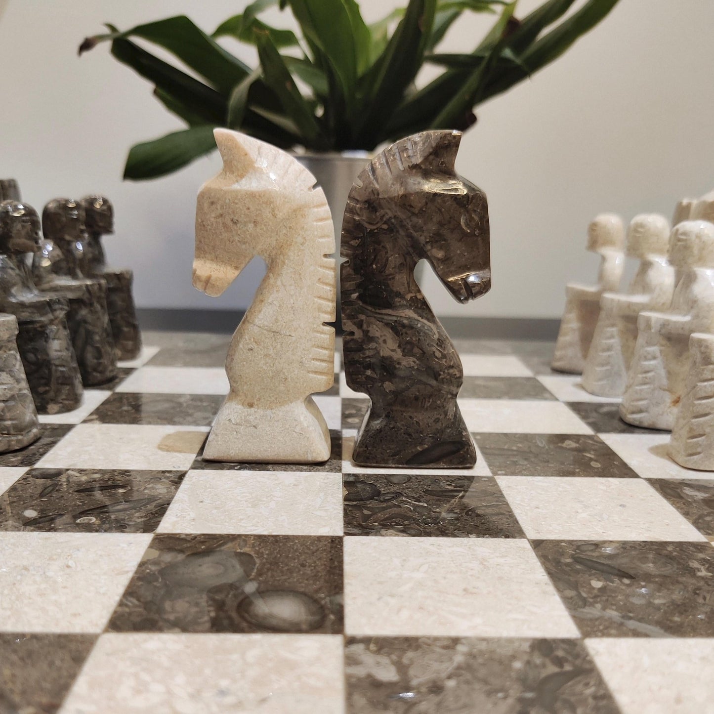 Handmade Marble Chess Set: Grey & Beige Stone Board, Velvet Case, 15x15 Inch - GOFIRE OUTLET