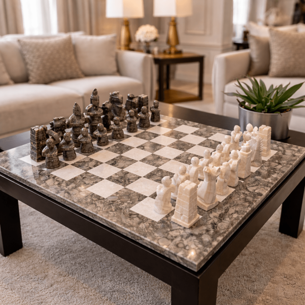 Handmade Marble Chess Set: Grey & Beige Stone Board, Velvet Case, 15x15 Inch - GOFIRE OUTLET