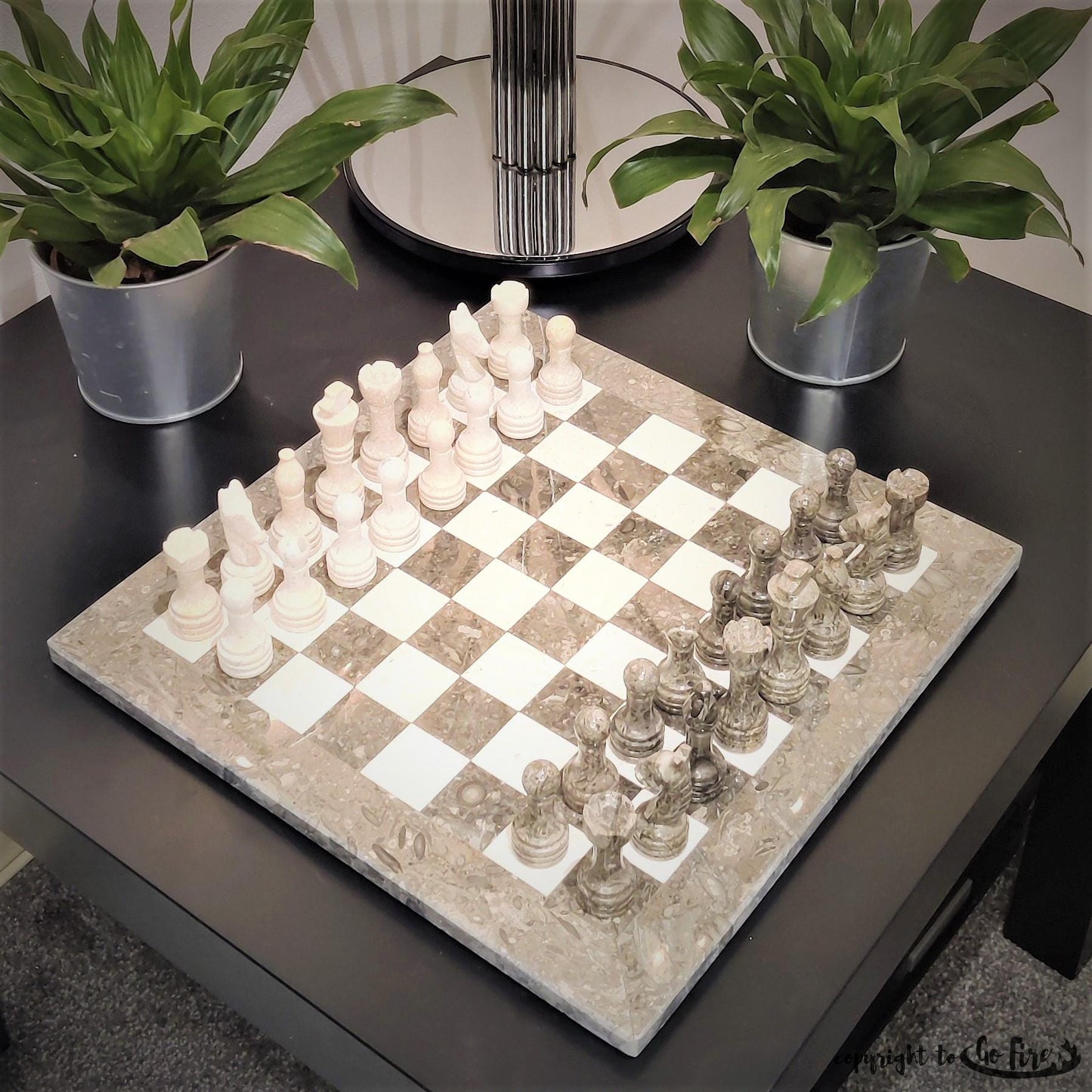 Handmade Marble Chess Set: Grey & Beige Stone, Velvet Box (12x12 inch) - GOFIRE OUTLET