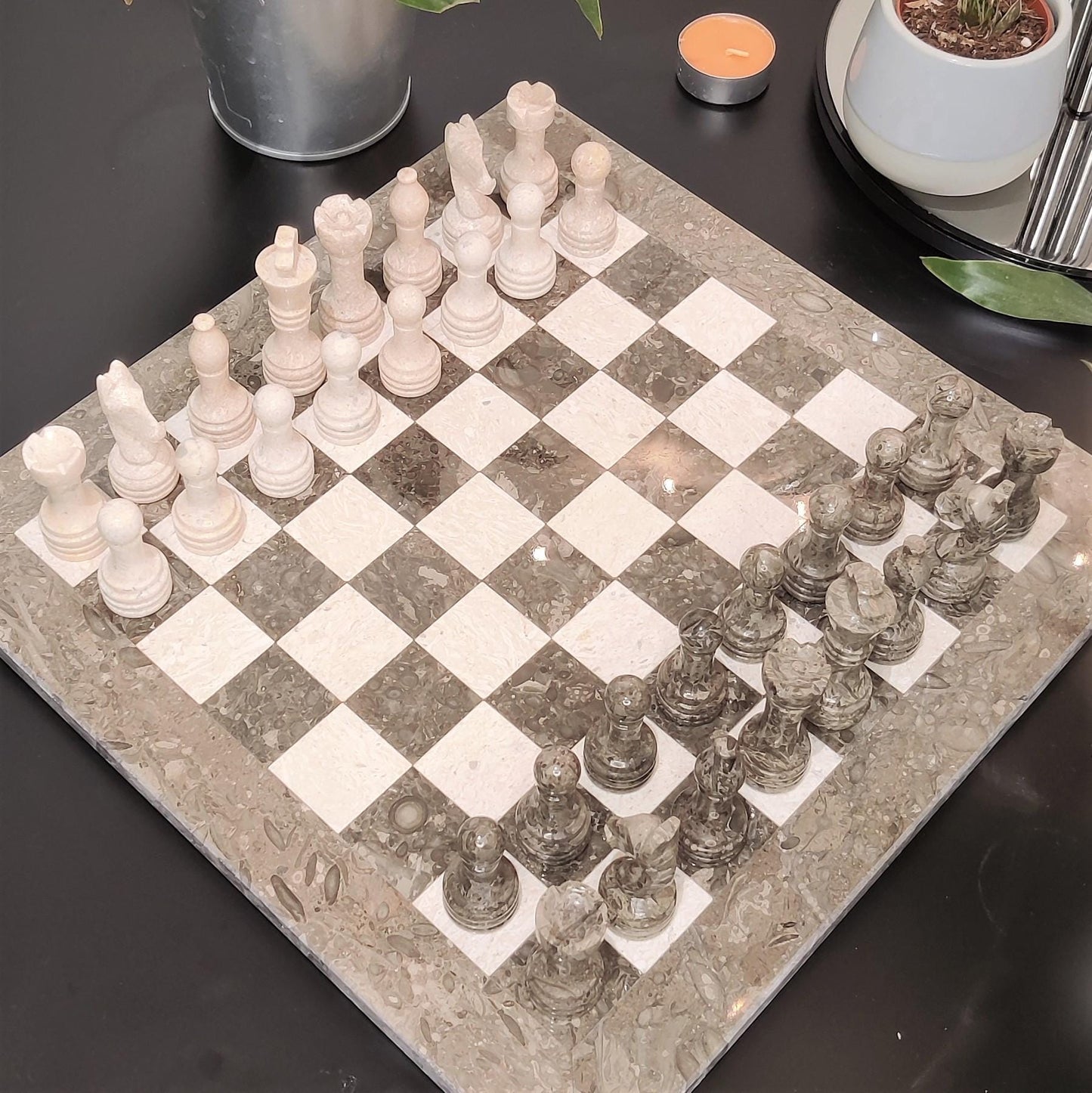 Handmade Marble Chess Set: Grey & Beige Stone, Velvet Box (12x12 inch) - GOFIRE OUTLET