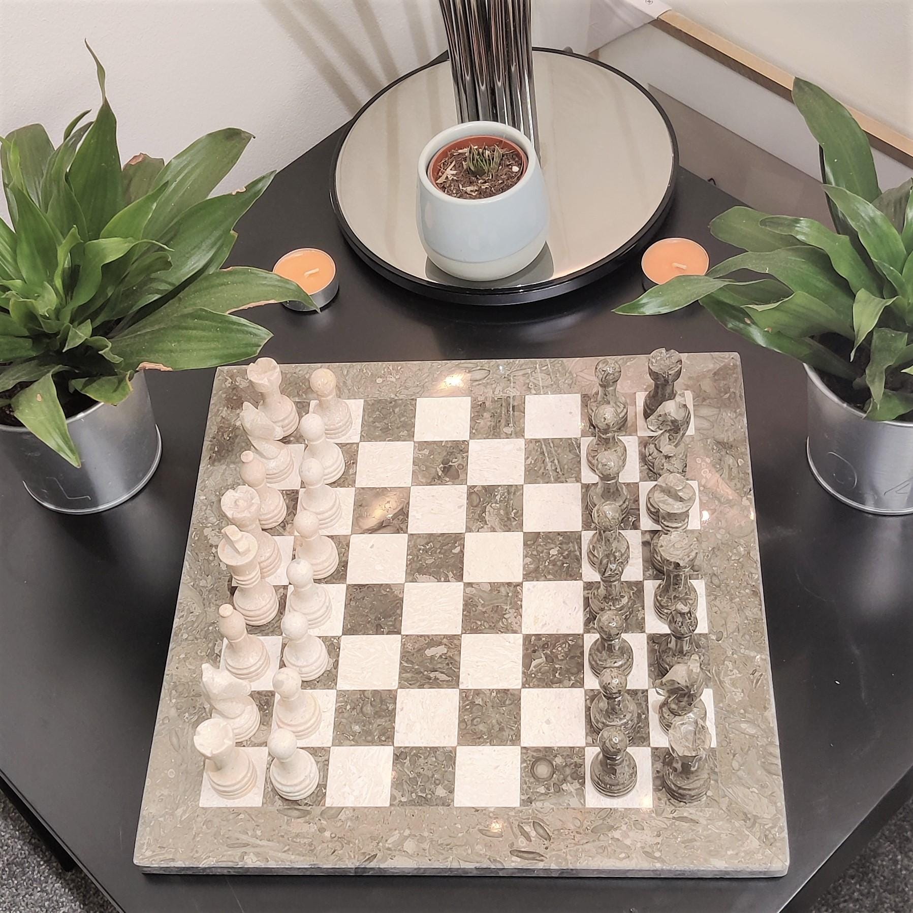 Handmade Marble Chess Set: Grey & Beige Stone, Velvet Box (12x12 inch) - GOFIRE OUTLET