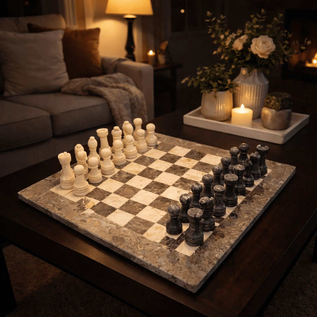 Handmade Marble Chess Set: Grey & Beige Stone, Velvet Box (12x12 inch) - GOFIRE OUTLET