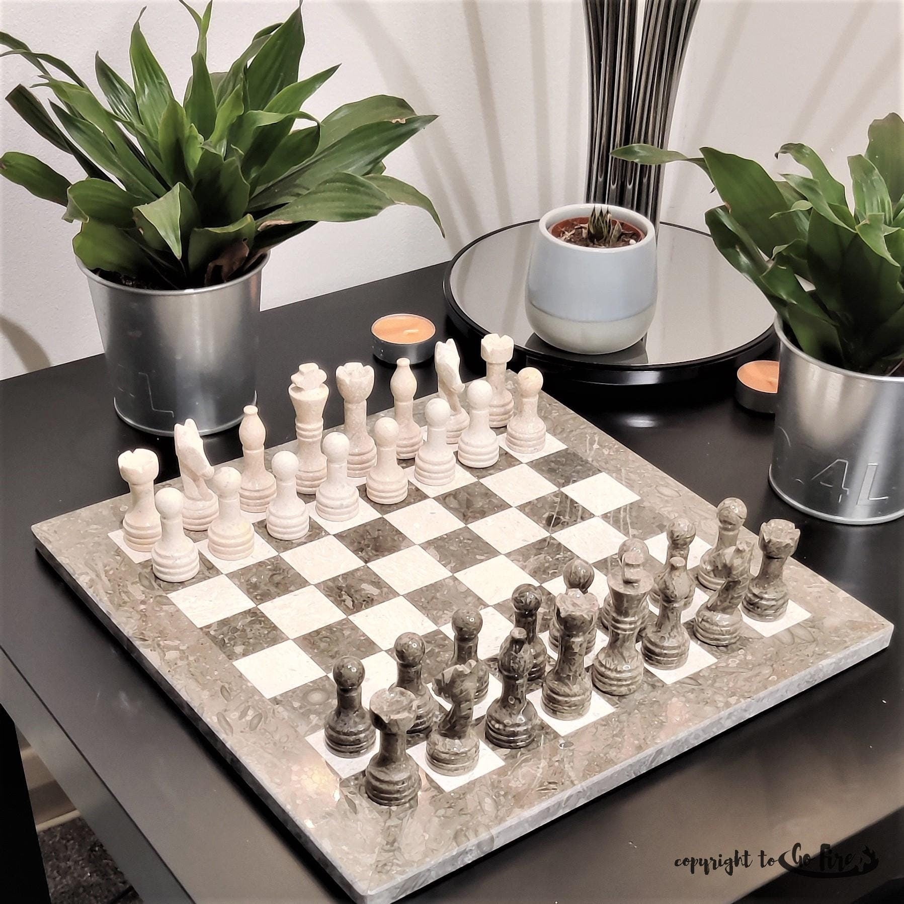 Handmade Marble Chess Set: Grey & Beige Stone, Velvet Box (12x12 inch) - GOFIRE OUTLET