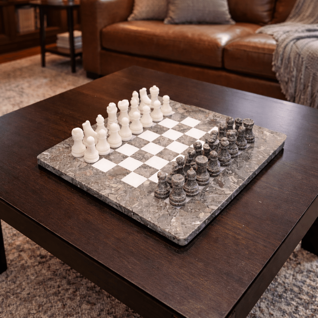 Handmade Marble Chess Set: Grey & White Natural Stone 8x8 inch Board with Velvet Case - GOFIRE OUTLET