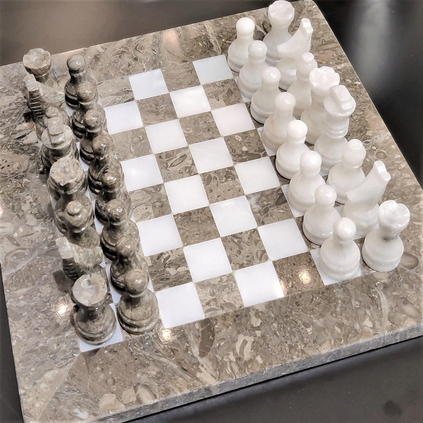 Handmade Marble Chess Set: Grey & White Natural Stone 8x8 inch Board with Velvet Case - GOFIRE OUTLET
