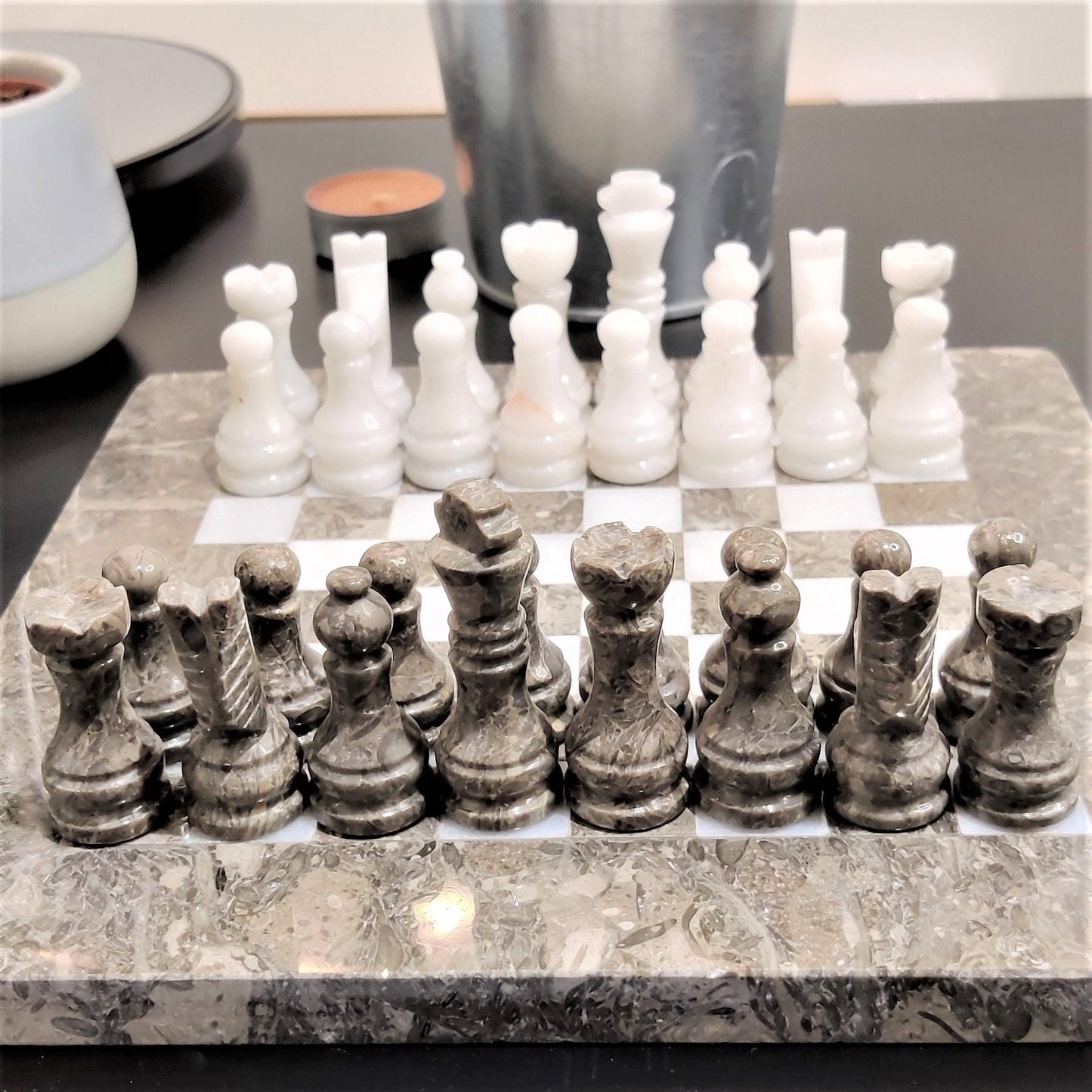 Handmade Marble Chess Set: Grey & White Natural Stone 8x8 inch Board with Velvet Case - GOFIRE OUTLET