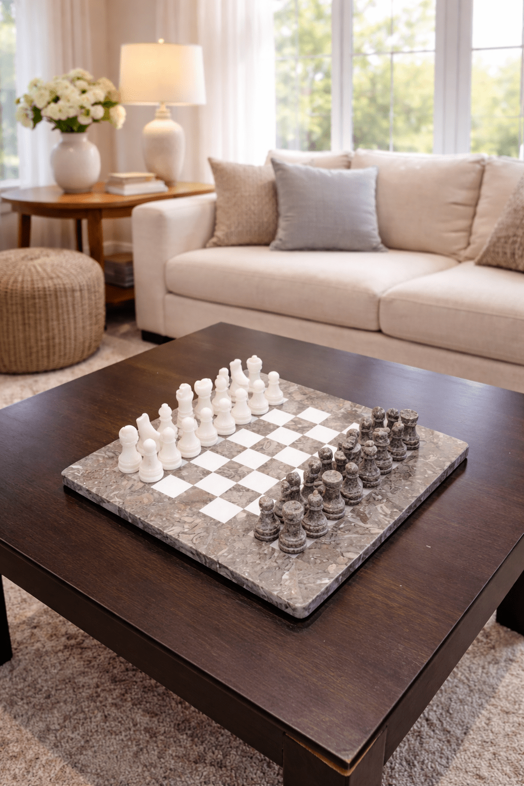 Handmade Marble Chess Set: Grey & White Natural Stone 8x8 inch Board with Velvet Case - GOFIRE OUTLET
