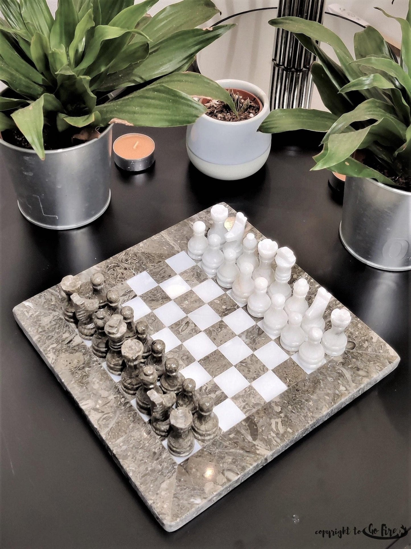Handmade Marble Chess Set: Grey & White Natural Stone 8x8 inch Board with Velvet Case - GOFIRE OUTLET