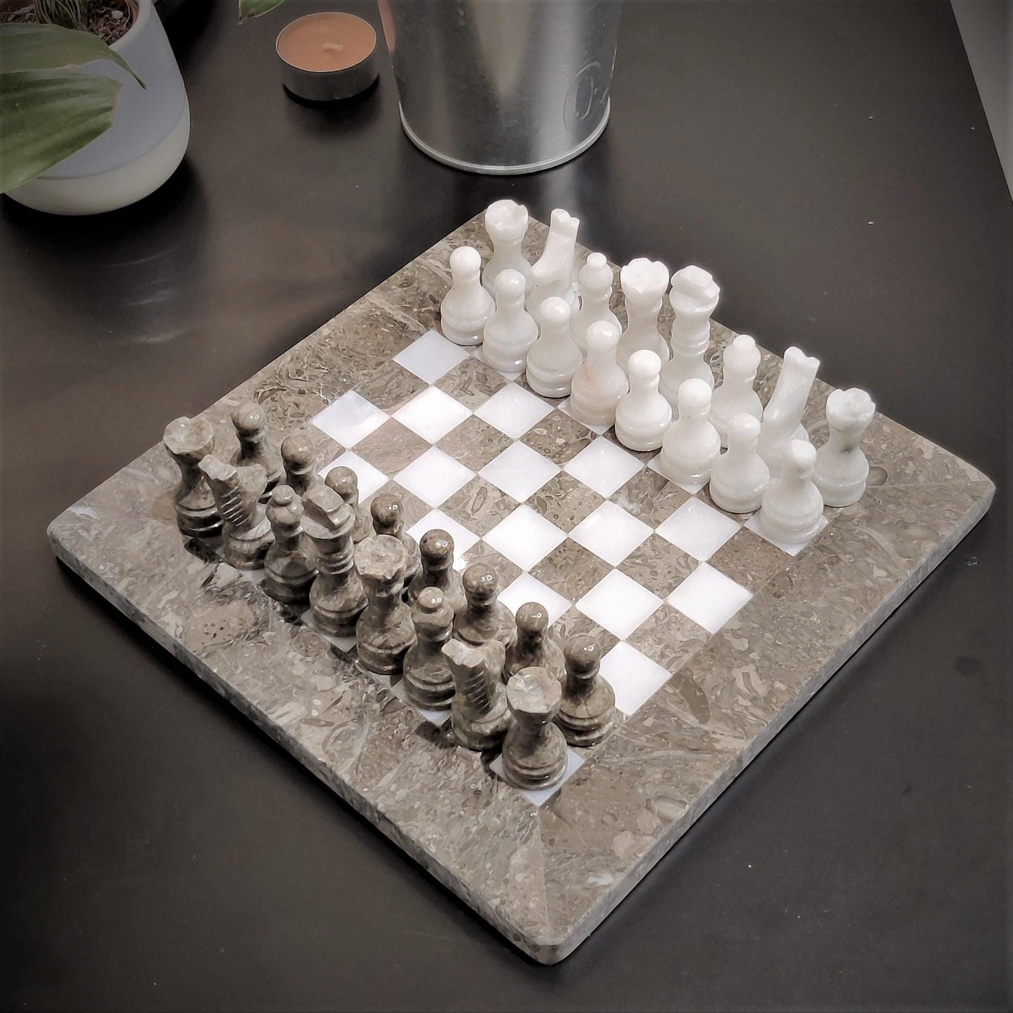 Handmade Marble Chess Set: Grey & White Natural Stone 8x8 inch Board with Velvet Case - GOFIRE OUTLET