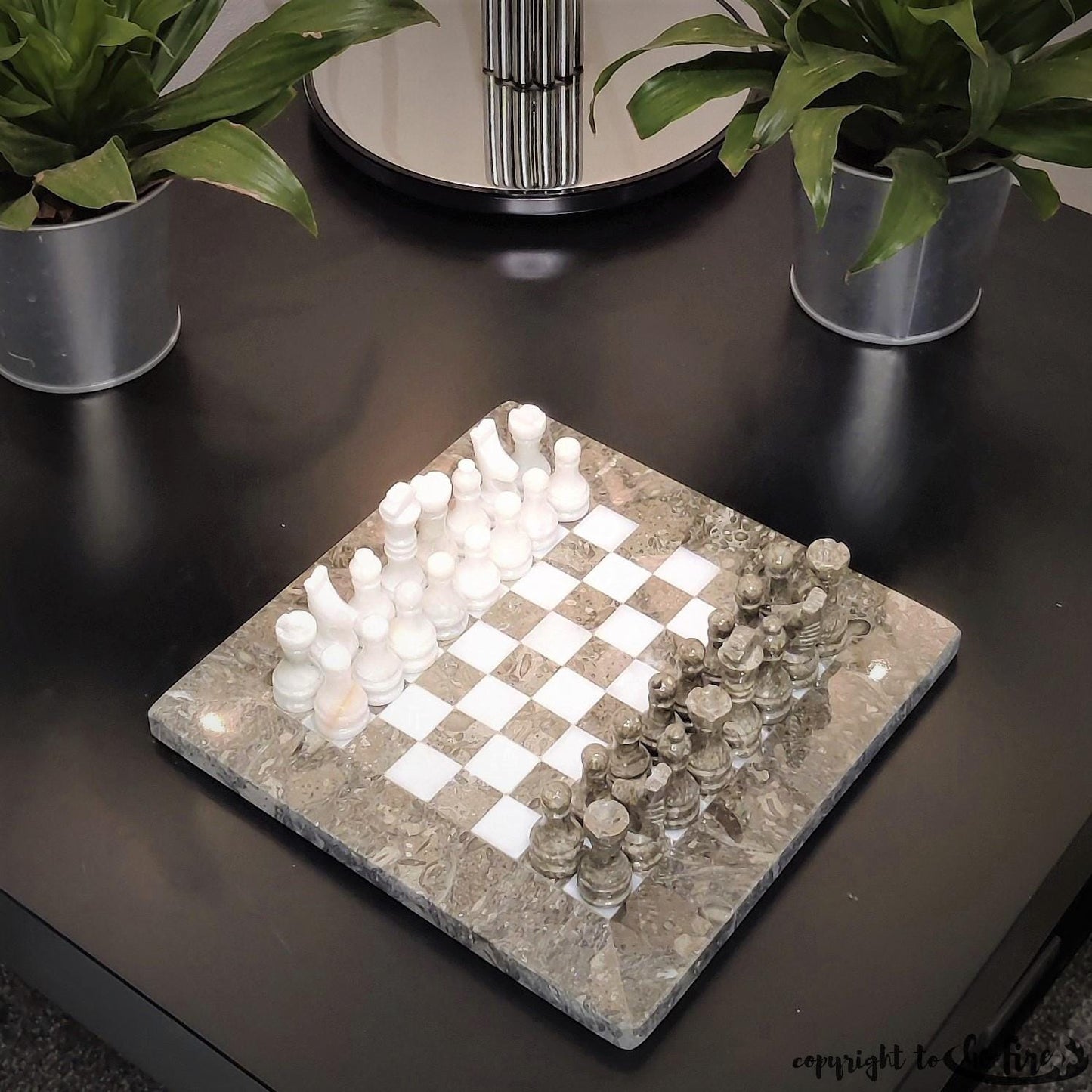 Handmade Marble Chess Set: Grey & White Natural Stone 8x8 inch Board with Velvet Case - GOFIRE OUTLET