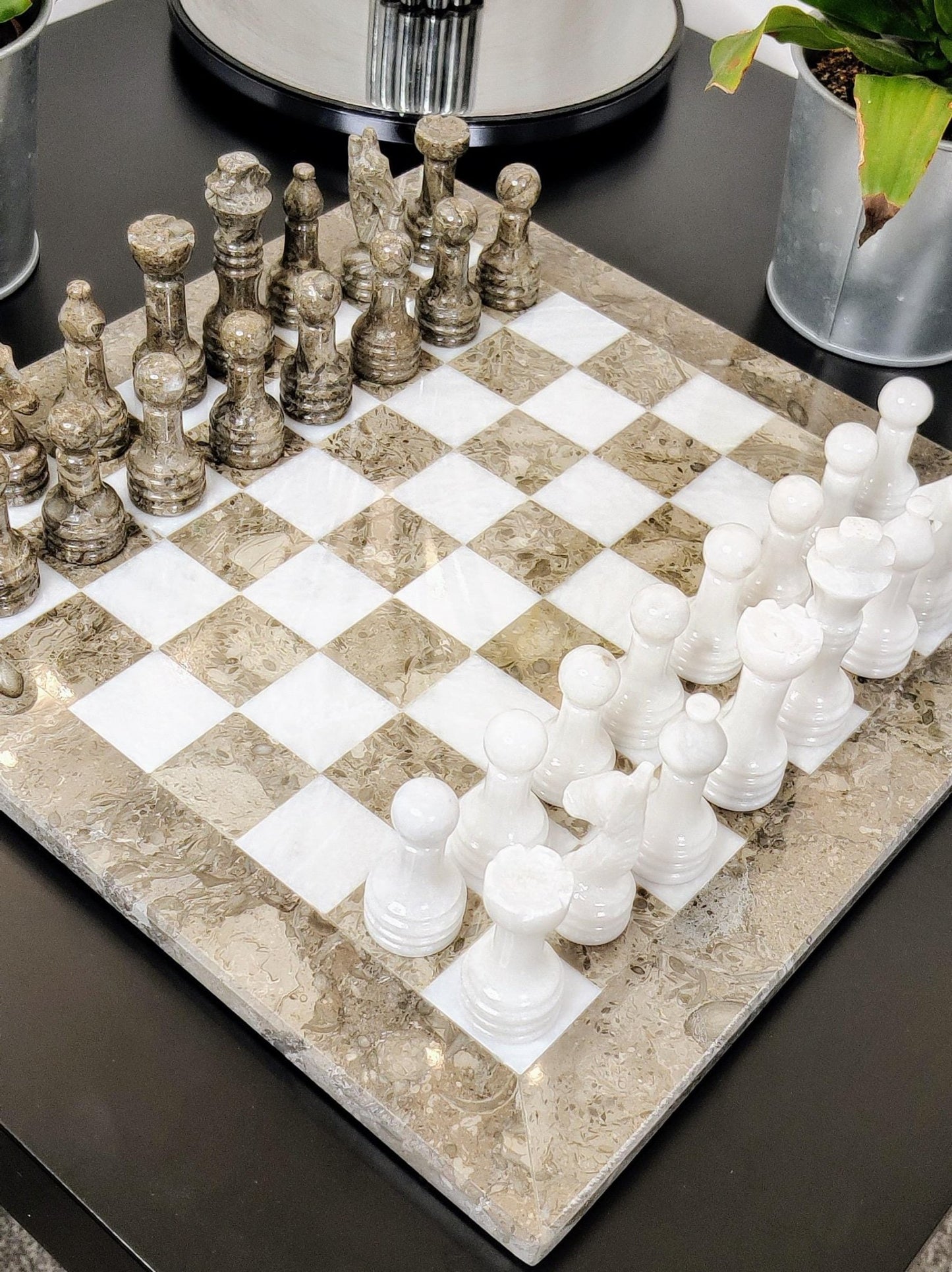 Handmade Marble Chess Set: Grey & White Natural Stone with Black Velvet Case - GOFIRE OUTLET