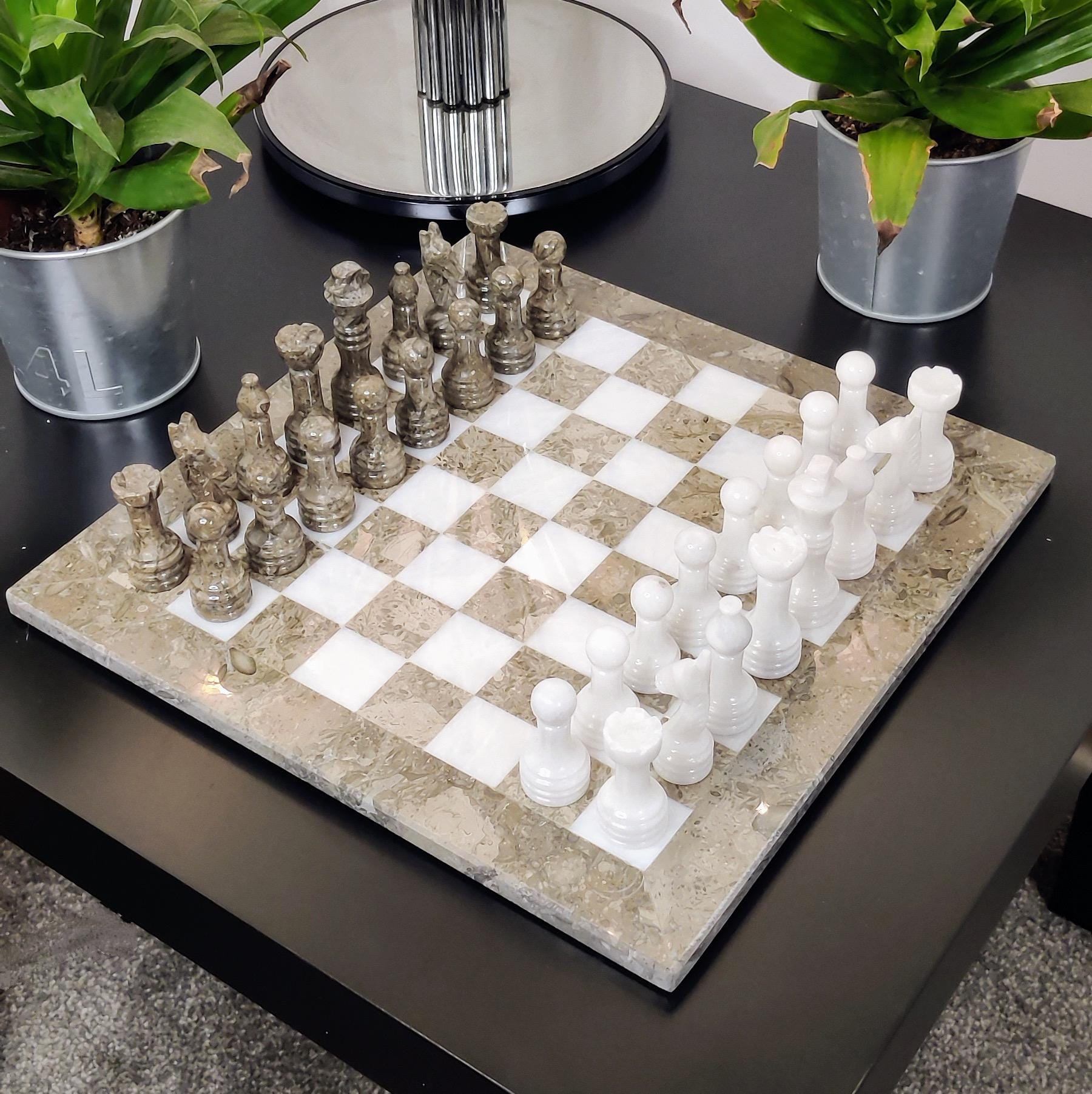 Handmade Marble Chess Set: Grey & White Natural Stone with Black Velvet Case - GOFIRE OUTLET