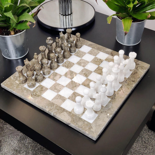 Handmade Marble Chess Set: Grey & White Natural Stone with Black Velvet Case - GOFIRE OUTLET
