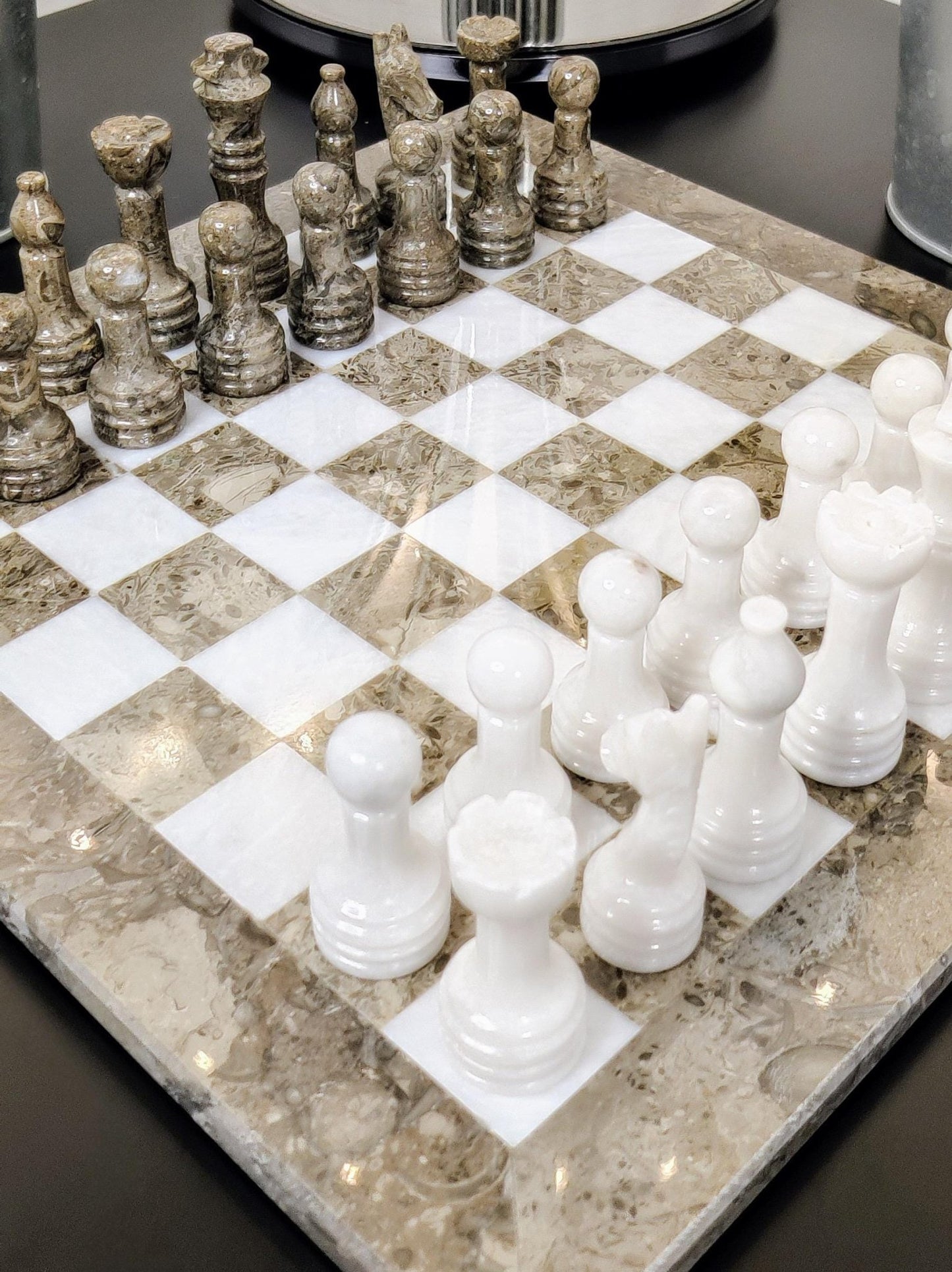 Handmade Marble Chess Set: Grey & White Natural Stone with Black Velvet Case - GOFIRE OUTLET