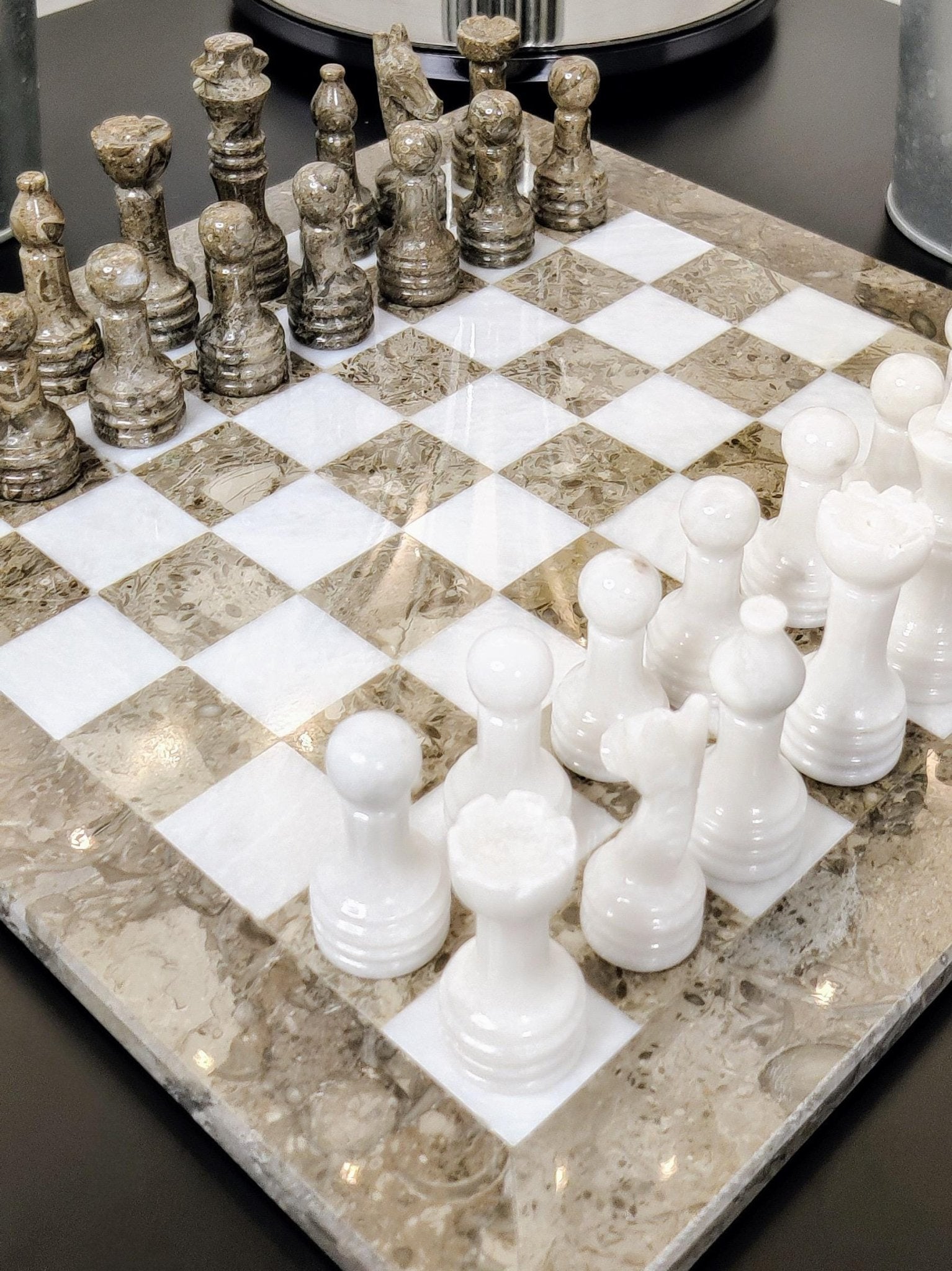 Handmade Marble Chess Set: Grey & White Natural Stone with Black Velvet Case - GOFIRE OUTLET