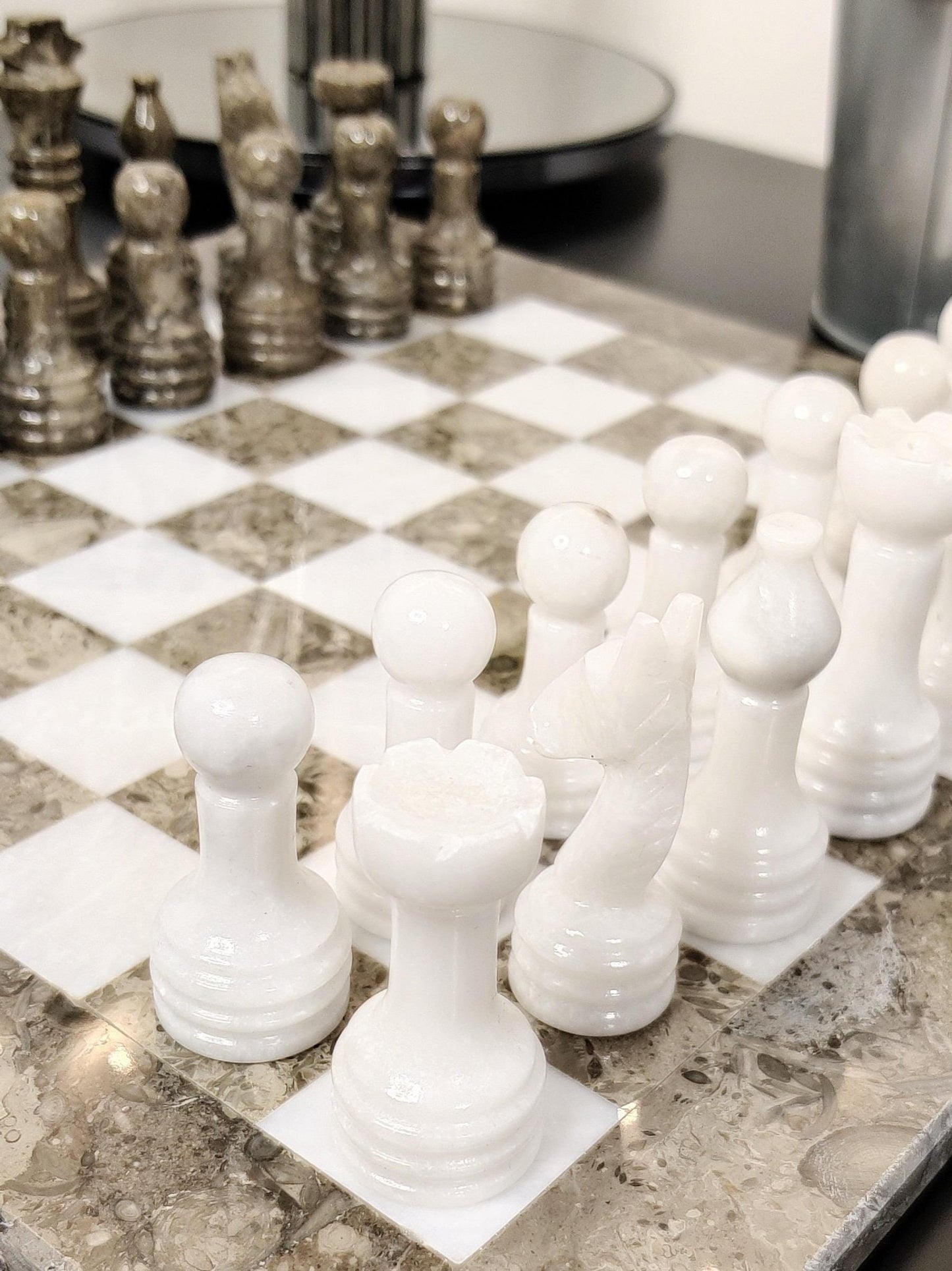 Handmade Marble Chess Set: Grey & White Natural Stone with Black Velvet Case - GOFIRE OUTLET
